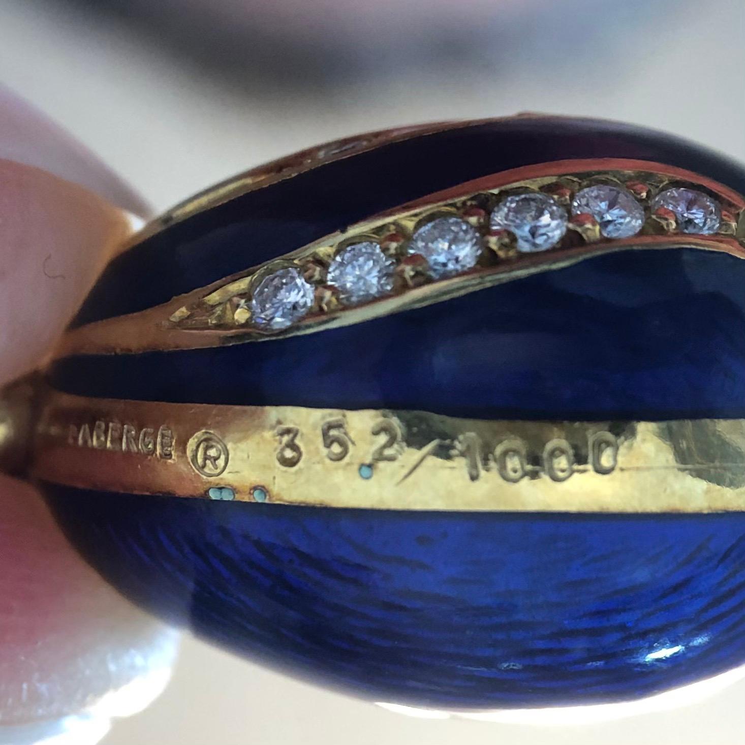 Round Cut 18 Karat Yellow Gold Diamond Guilloché Blue Enamel Fabergé Egg Charm/Pendant