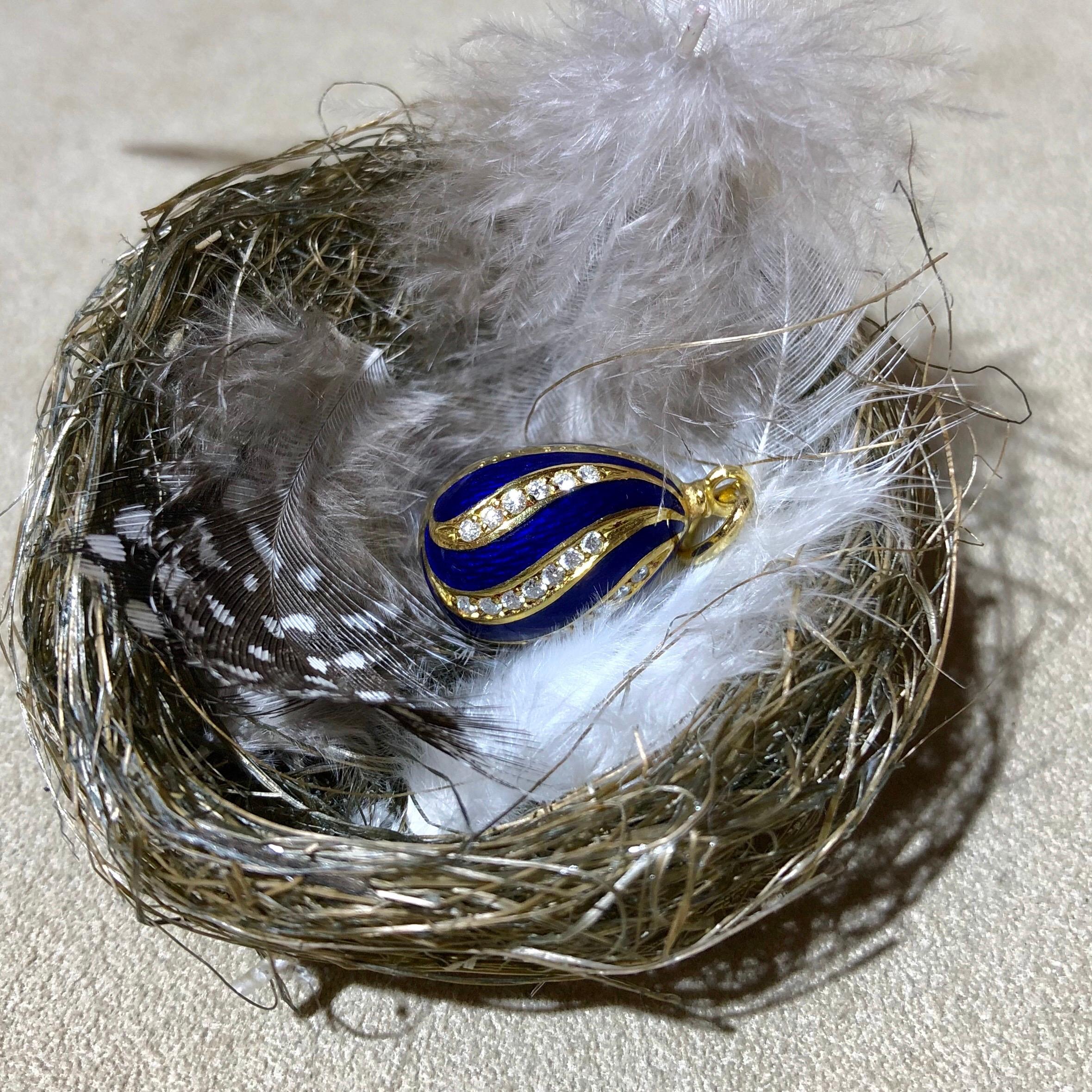 18 Karat Yellow Gold Diamond Guilloché Blue Enamel Fabergé Egg Charm/Pendant In Good Condition In Zurich, CH