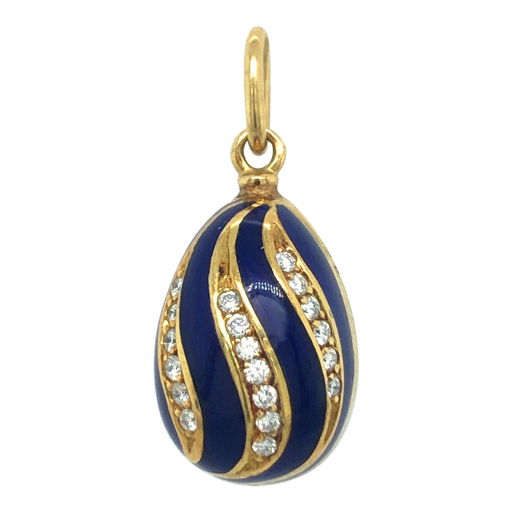 18 Karat Yellow Gold Diamond Guilloché Blue Enamel Fabergé Egg Charm/Pendant