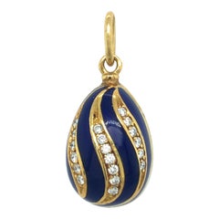 18 Karat Gelbgold Diamant-Guilloché Blaues Emaille-Fabergé-Ei Charme/Anhänger