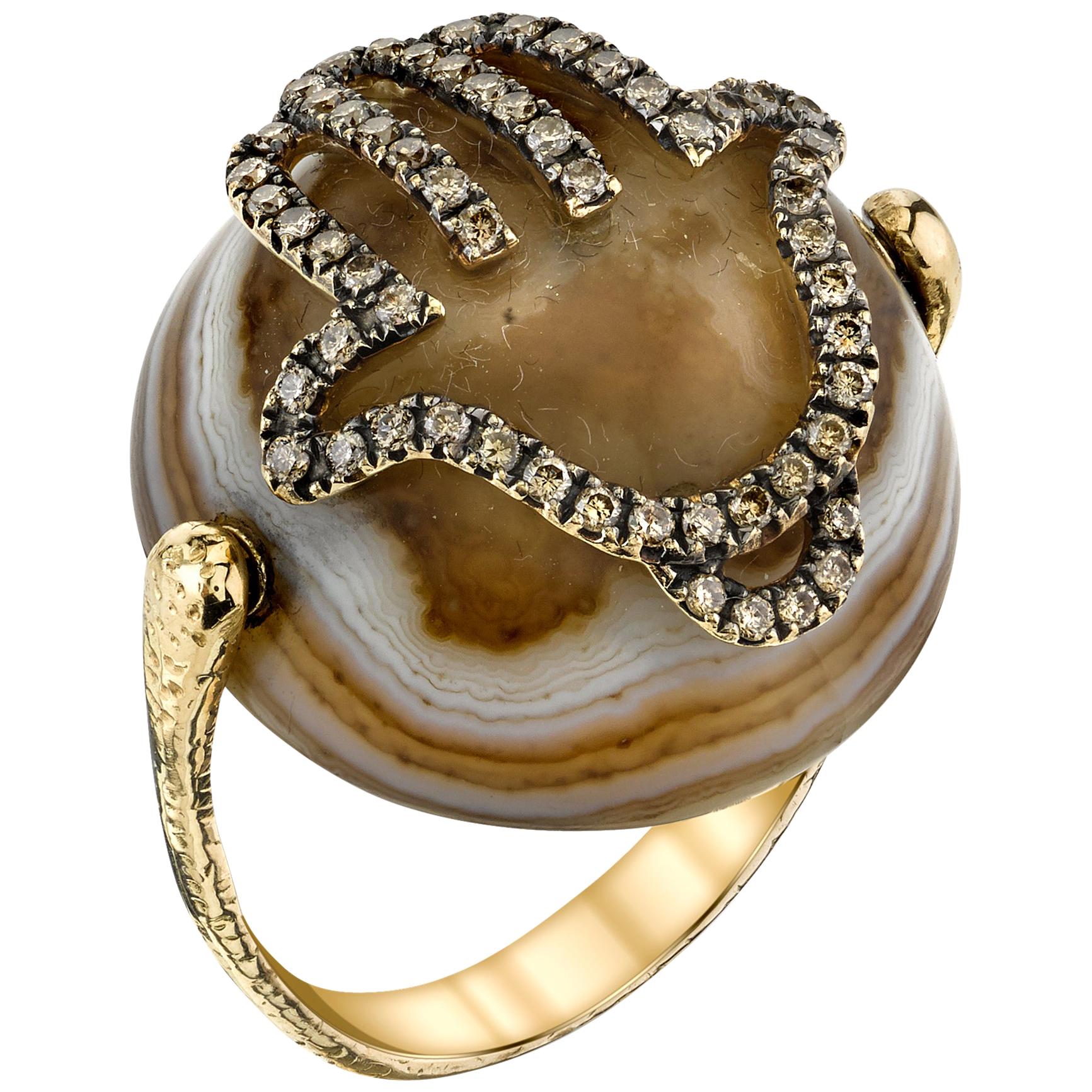 18 Karat Yellow Gold, Diamond Hamsa Agate Ring For Sale