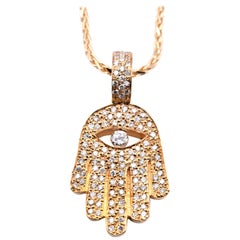 18 Karat Yellow Gold Diamond Hamsa Pendant on 14 Karat Yellow Gold Chain