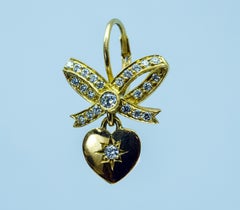 18 Karat Yellow Gold Diamond Heart and Bow Dangle Lever Back Earrings