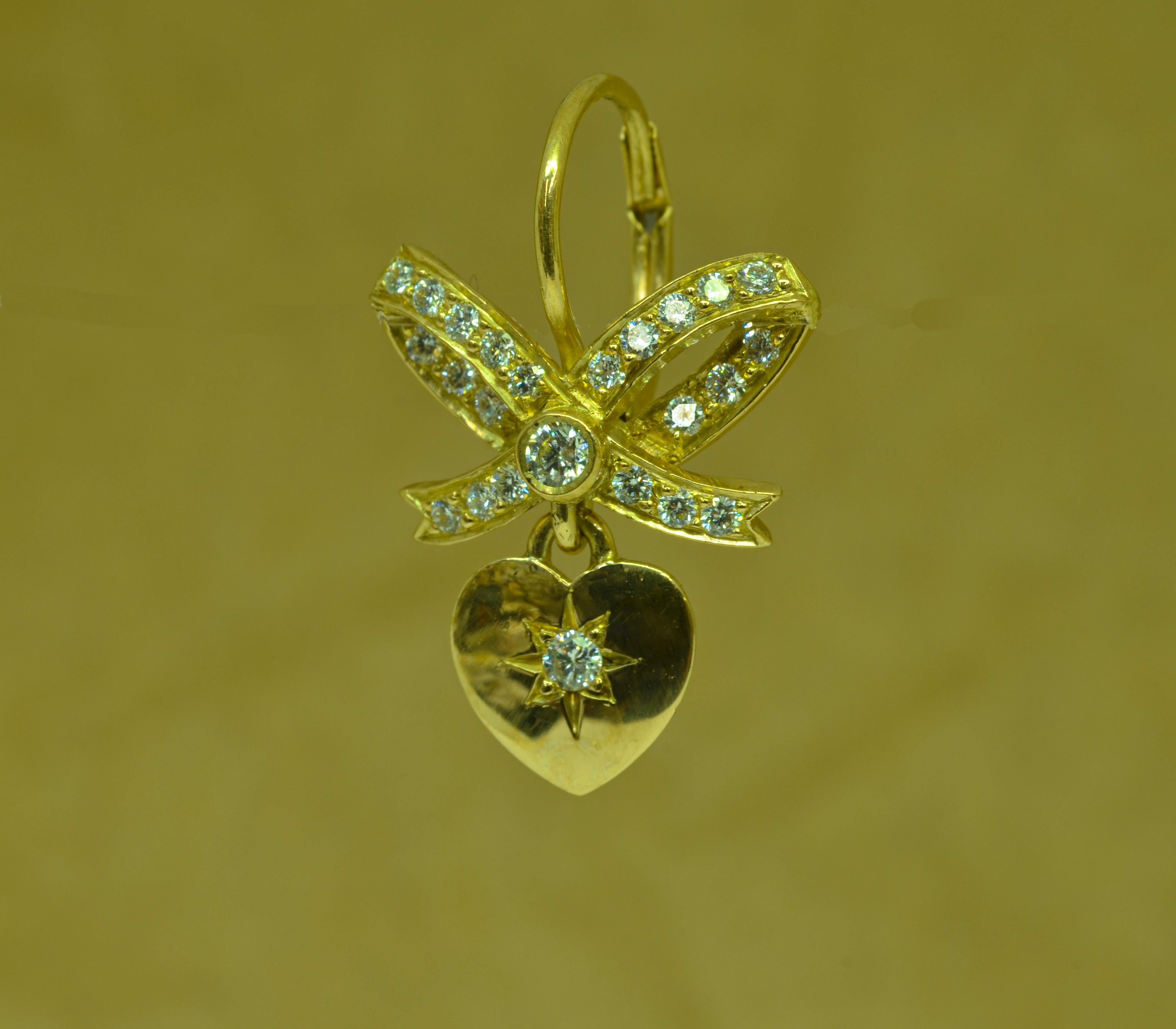 18 Karat Yellow Gold Diamond Heart and Bow Dangle Lever Back Earrings In New Condition For Sale In Warren, ME