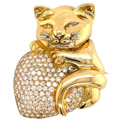 18 Karat Gelbgold Diamant Herz Katzenbrosche 2,50 Karat