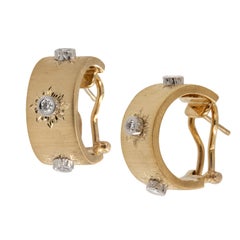 18 Karat Yellow Gold Diamond Hoop Earrings with Rigato hand engraved Finish