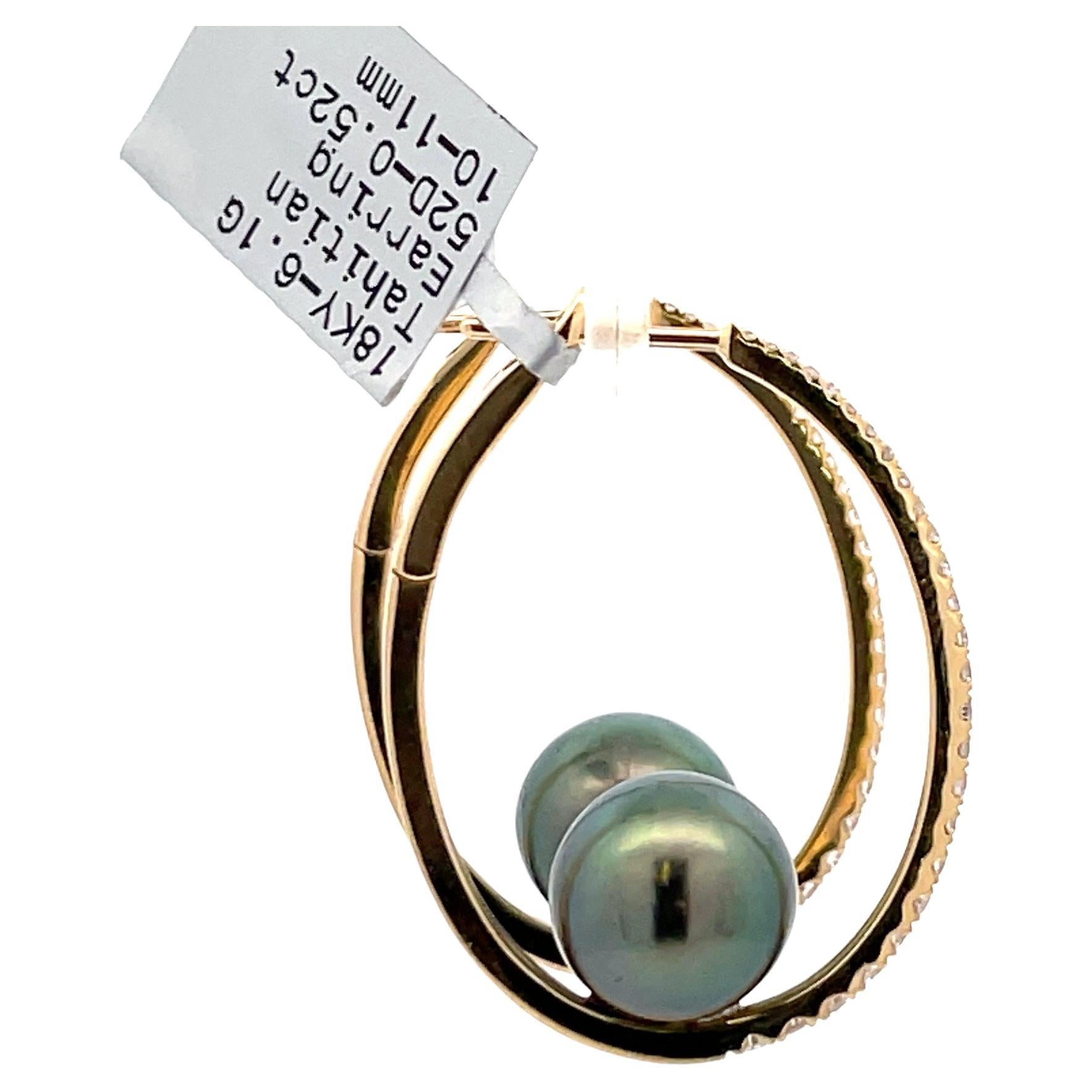 Contemporary Diamond Tahitian Pearl Hoop Earrings 0.52 Carats 18 Karat Yellow Gold 10-11 MM For Sale