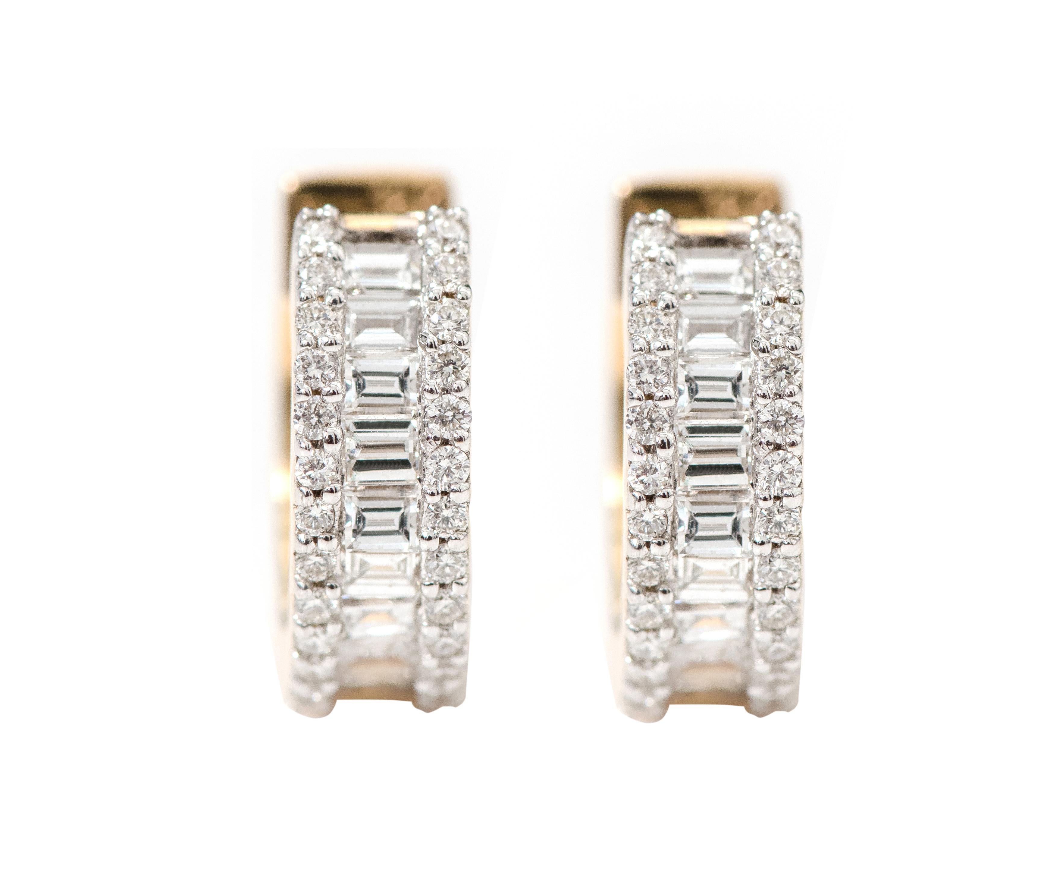 18 Karat Yellow Gold Diamond Huggie Mini-Hoop Earring
 
This exclusive diamond mini-hoop is exemplary. The perfectly cut and matched baguette-cut diamonds in a channel setting are incorporated within an equivalent layer of micro pave set diamonds on