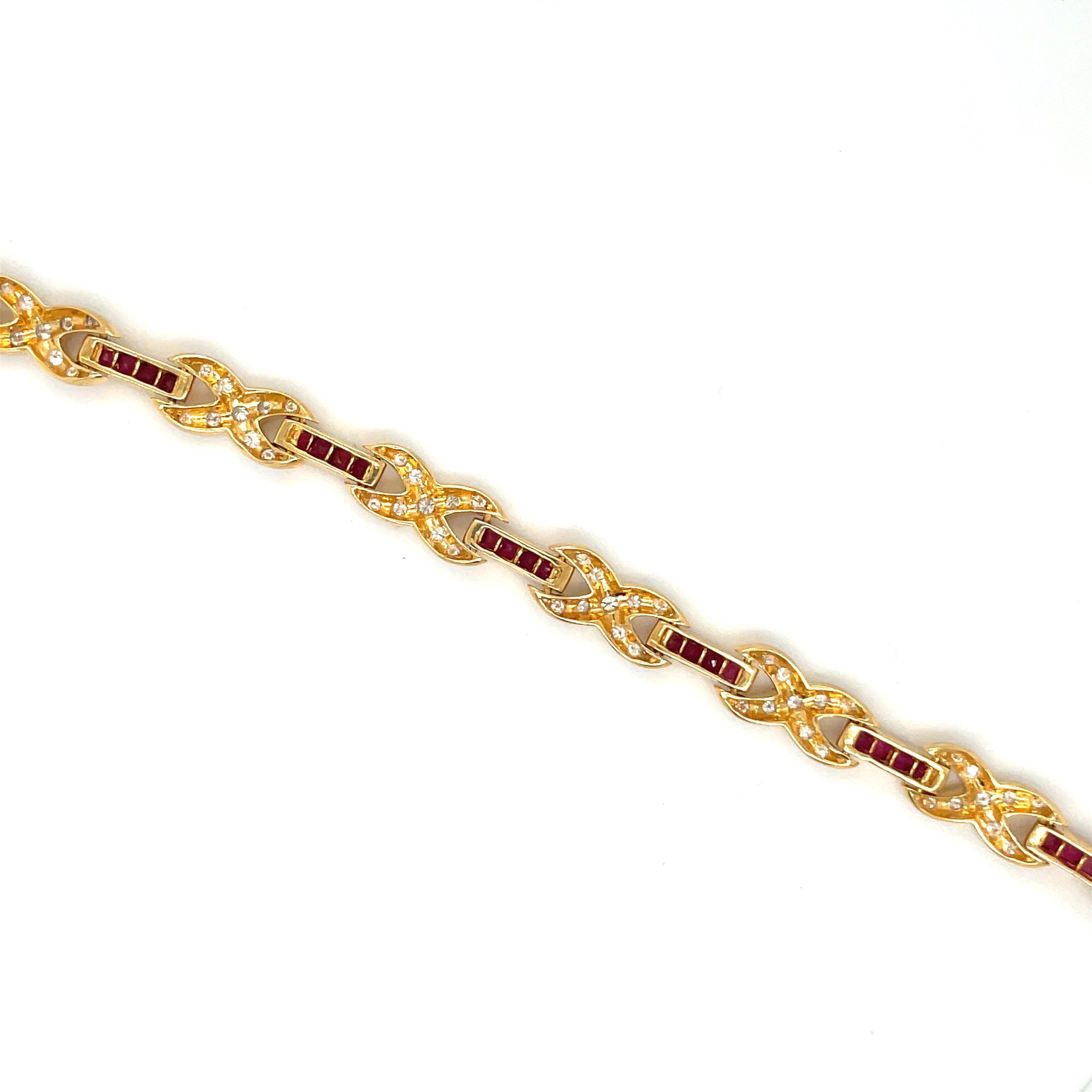 18 Karat Yellow Gold Diamond Infinity Motif and Invisibly Set Ruby Bracelet For Sale 5