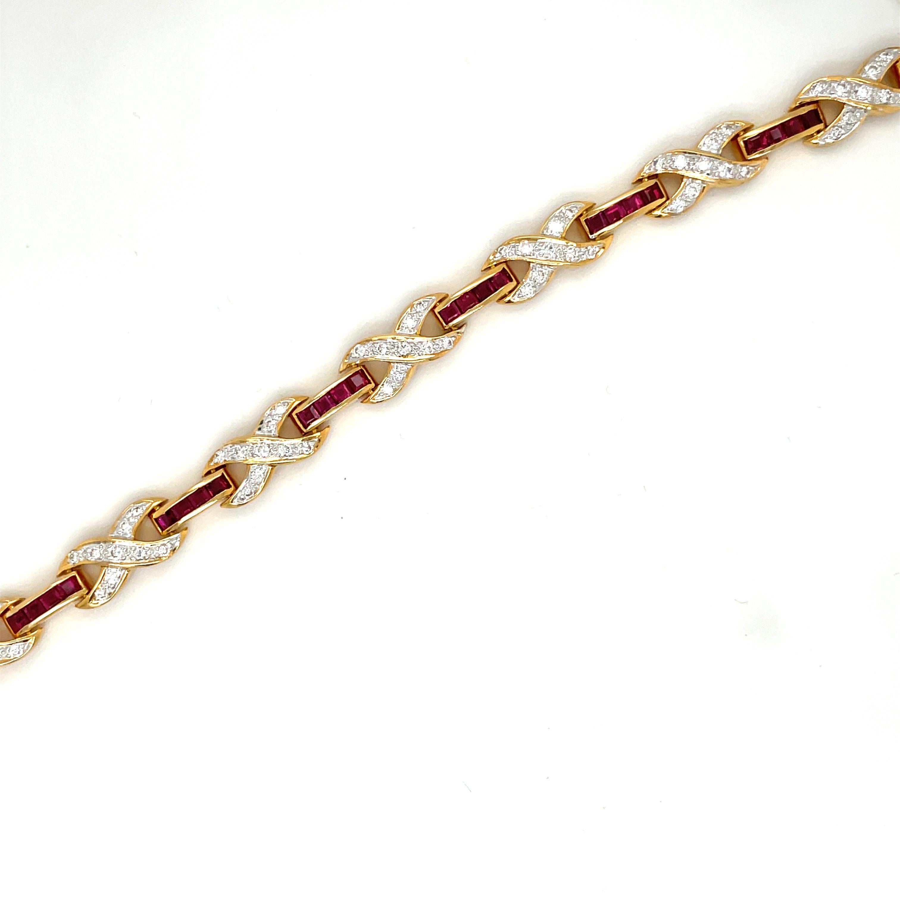 18 Karat Yellow Gold Diamond Infinity Motif and Invisibly Set Ruby Bracelet For Sale 2