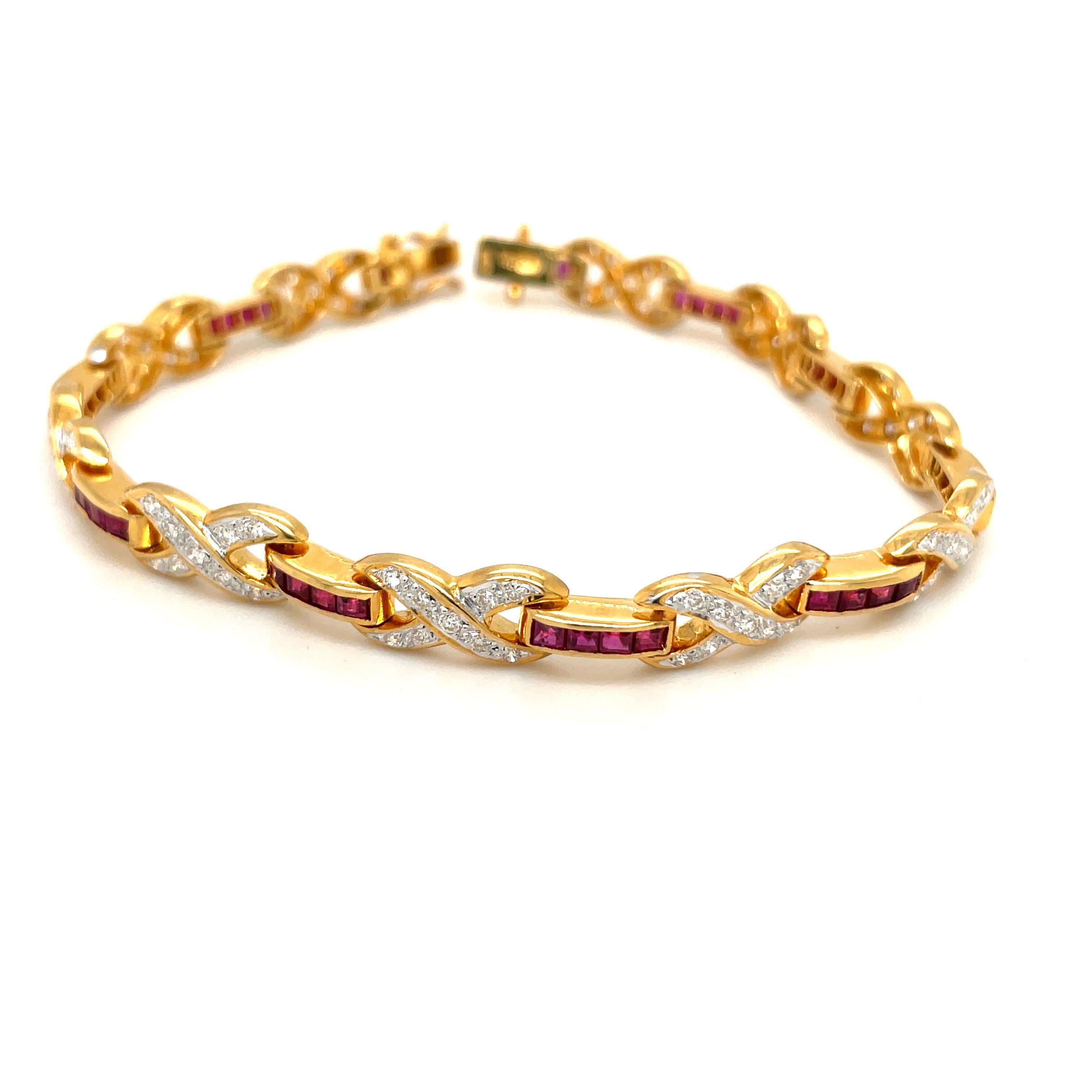 18 Karat Yellow Gold Diamond Infinity Motif and Invisibly Set Ruby Bracelet For Sale 3