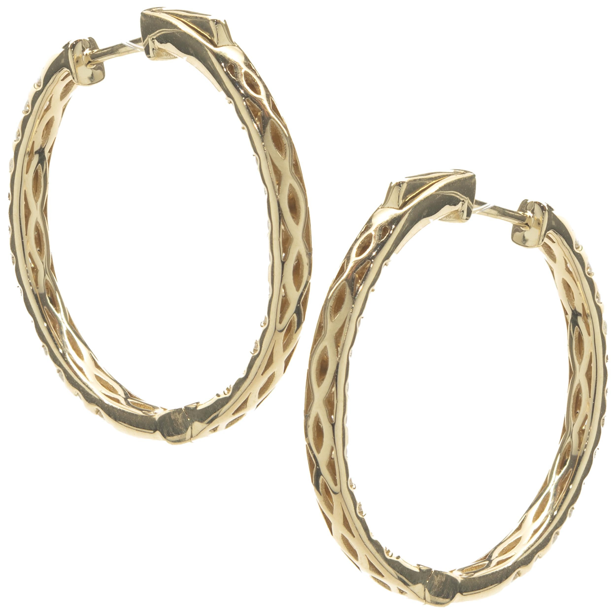 Round Cut 18 Karat Yellow Gold Diamond Inside Outside Hoop Earrings For Sale