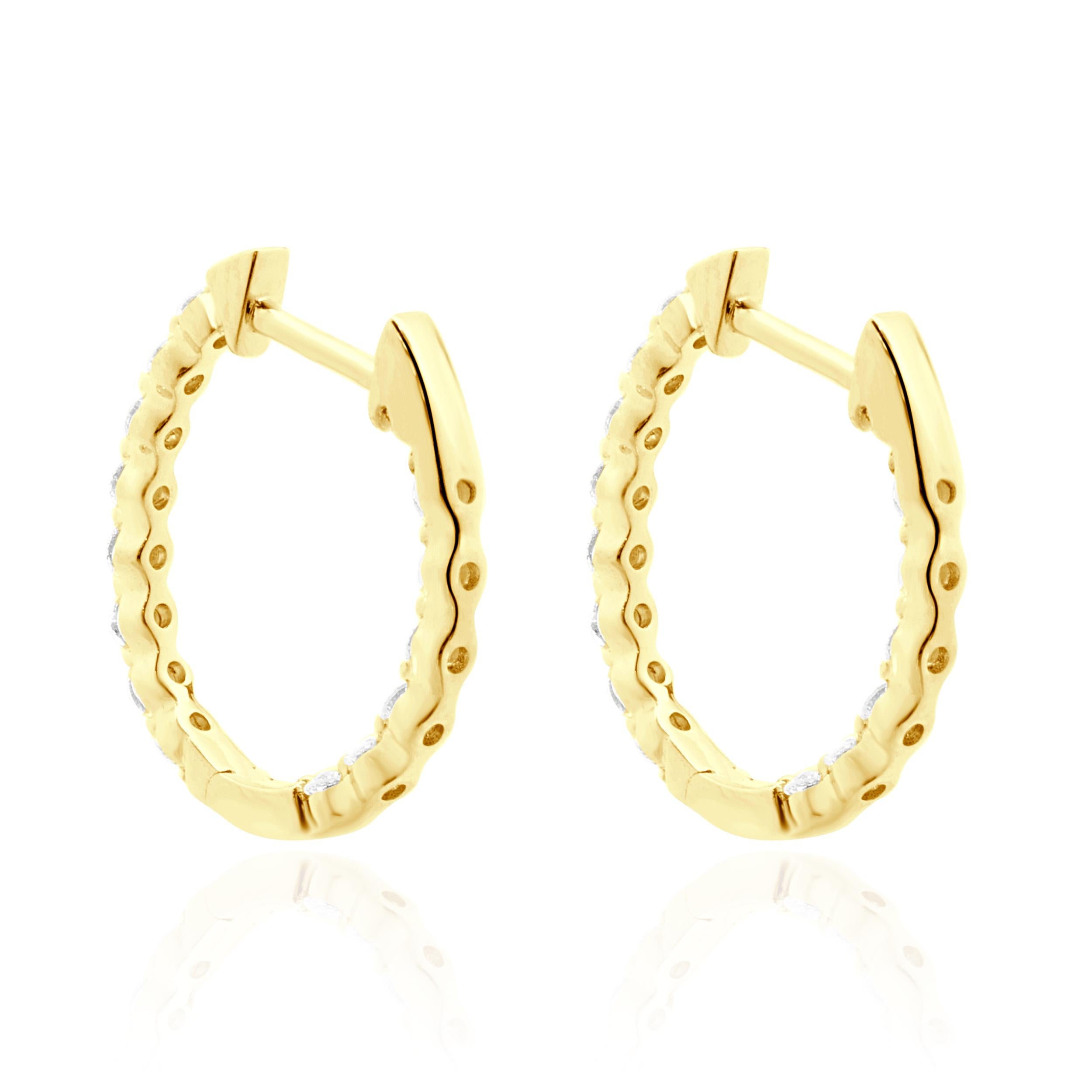 Round Cut 18 Karat Yellow Gold Diamond Inside Outside Huggie Hoop Earrings For Sale