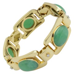 18 Karat Yellow Gold, Diamond & Jade Panel Link Bracelet
