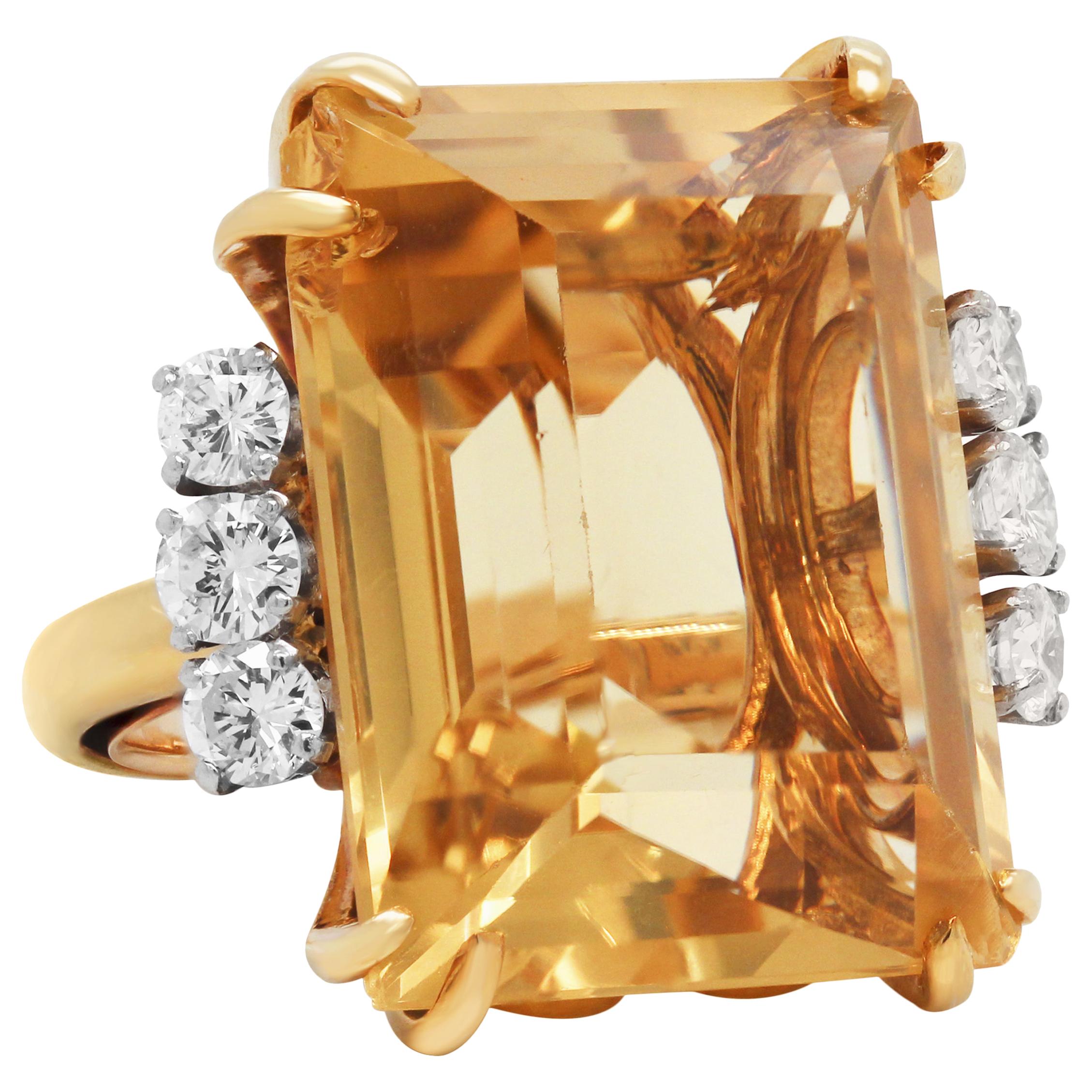 18 Karat Yellow Gold Diamond Large Emerald Cut Citrine Cocktail Ring