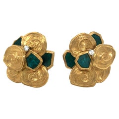 18 Karat Yellow Gold Diamond Malachite Clip Earrings, 1970s