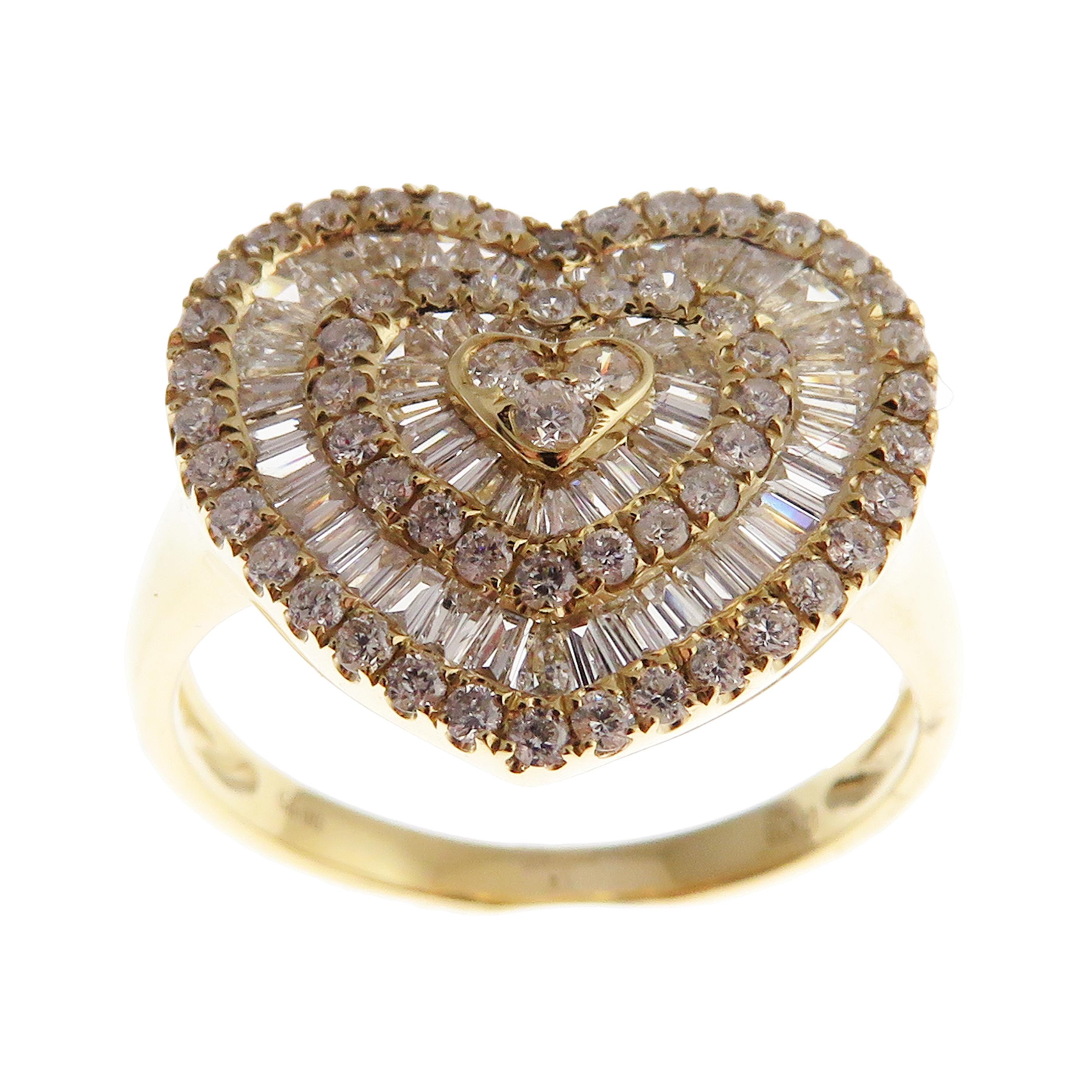 Baguette Cut 18 Karat Yellow Gold Diamond Medium Heart Stud Earring Ring Set