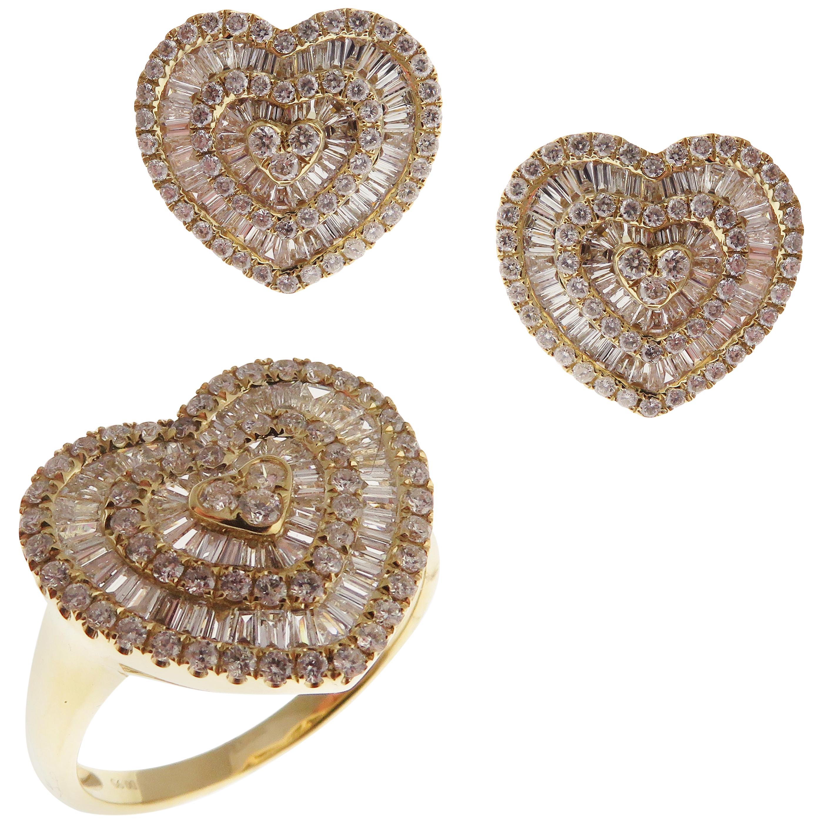 18 Karat Yellow Gold Diamond Medium Heart Stud Earring Ring Set