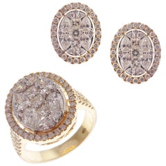 18 Karat Yellow Gold Diamond Medium Oval Marquise Baguette Earring Ring Set