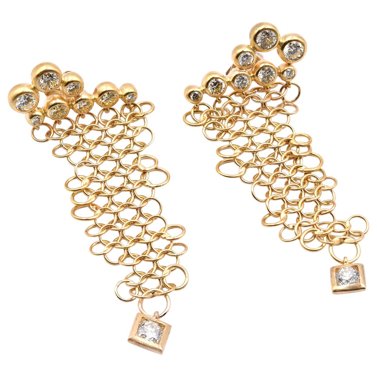 18 Karat Yellow Gold Diamond Mesh Dangle Earrings For Sale