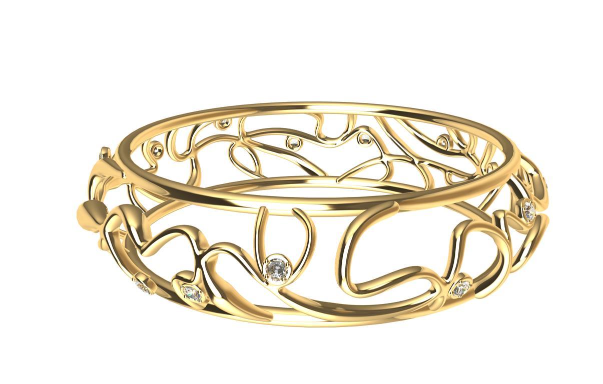 18 Karat Yellow Gold Diamond Oceans Bangle In New Condition For Sale In New York, NY