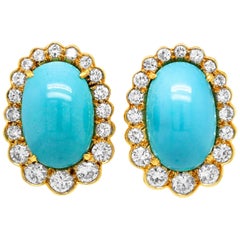 18 Karat Yellow Gold Diamond Oval Persian Turquoise Stud Earrings