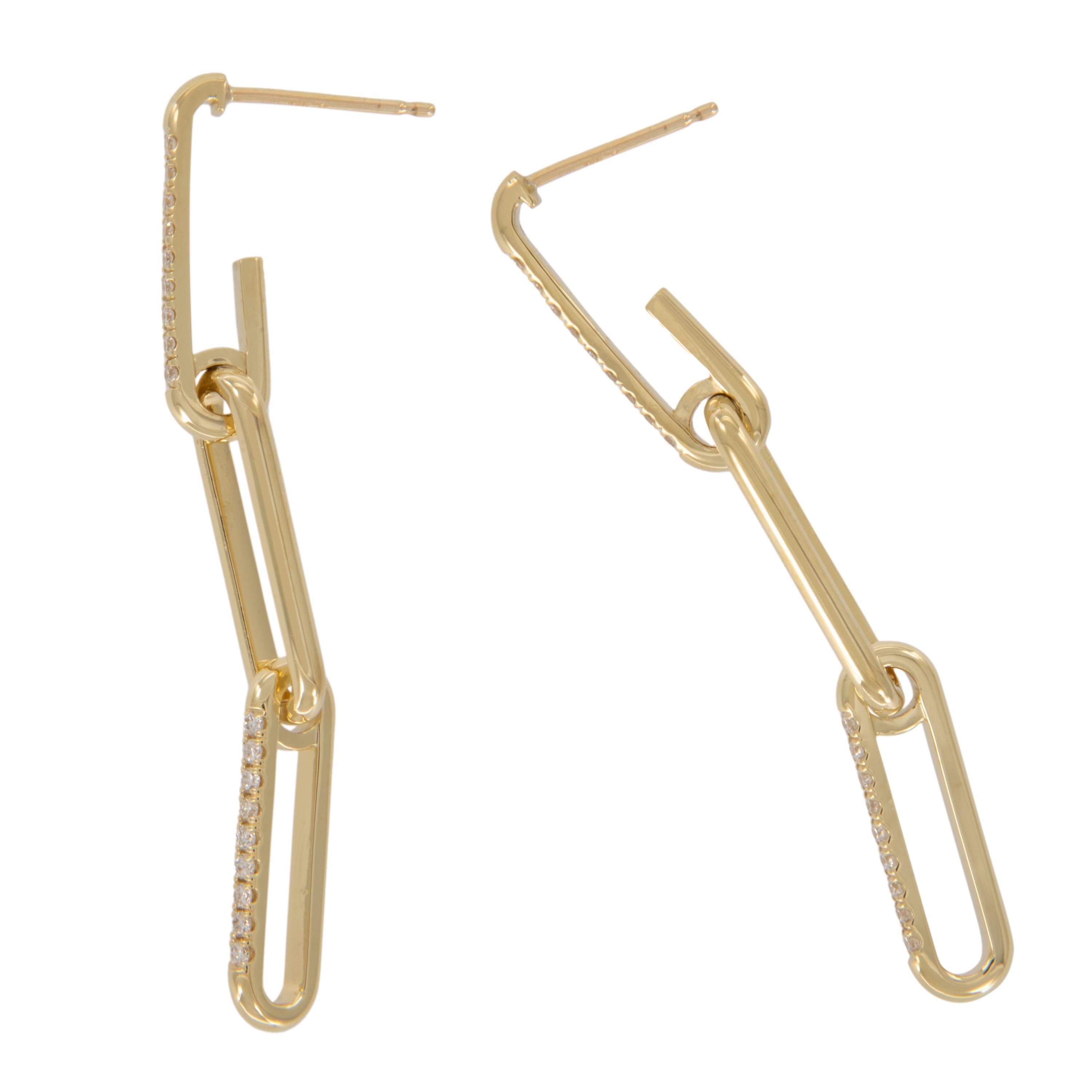 Seeing paperclip chain jewelry everywhere! Right on trend - these solid 18 karat yellow gold  paperclip dangle earrings are set off with 36 diamonds = 0.34 Cttw of VS clarity & G - H color for a fantastic day to night look! Complimentary signature