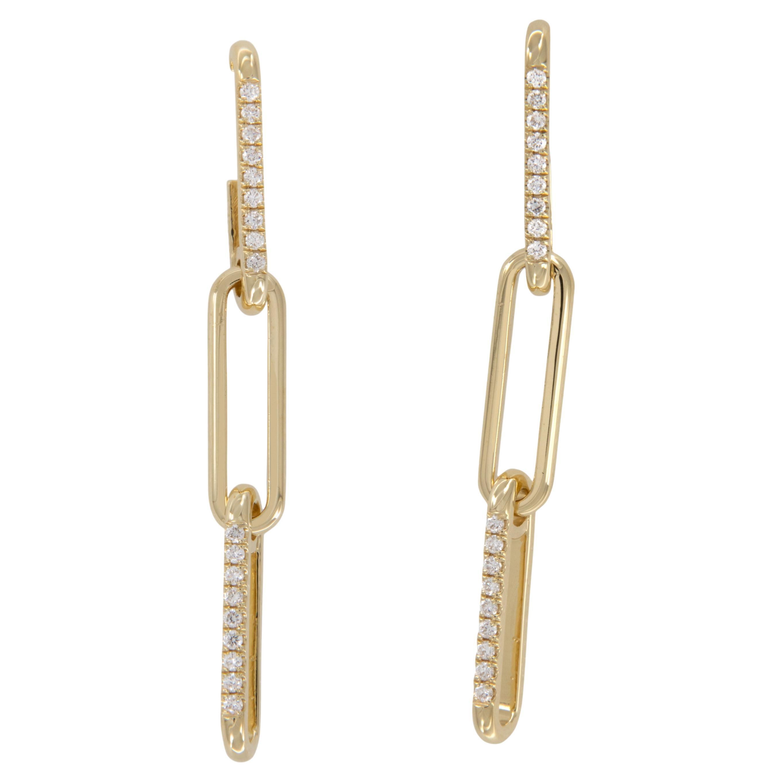 18 Karat Yellow Gold Diamond Paperclip Dangle Earrings For Sale