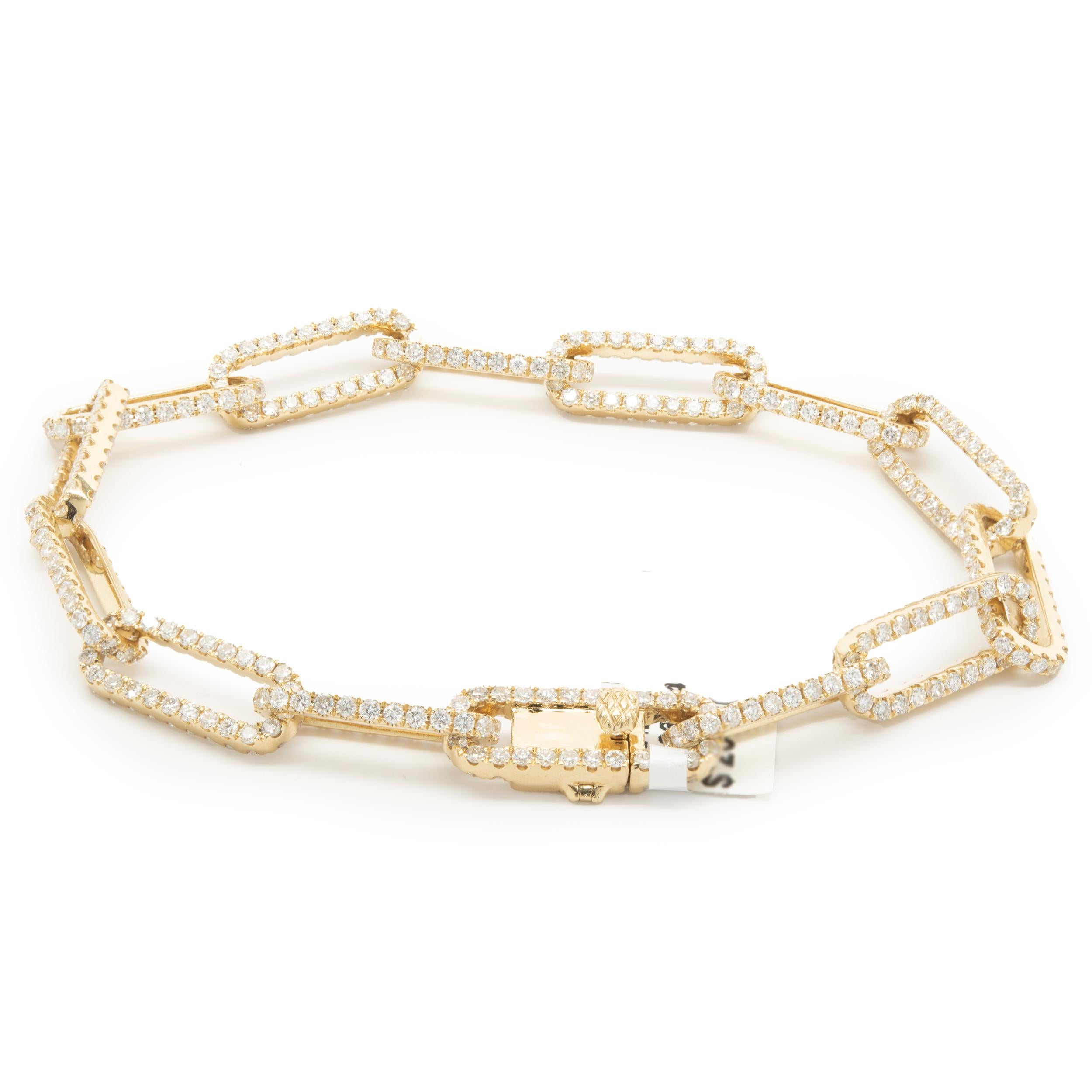 Designer: custom 
Material: 18K yellow gold
Diamond: 510 round brilliant cut = 5.50cttw
Color:  G
Clarity: VS1-2
Dimensions: bracelet measures 7.25-inches in length
Weight: 15.89 grams