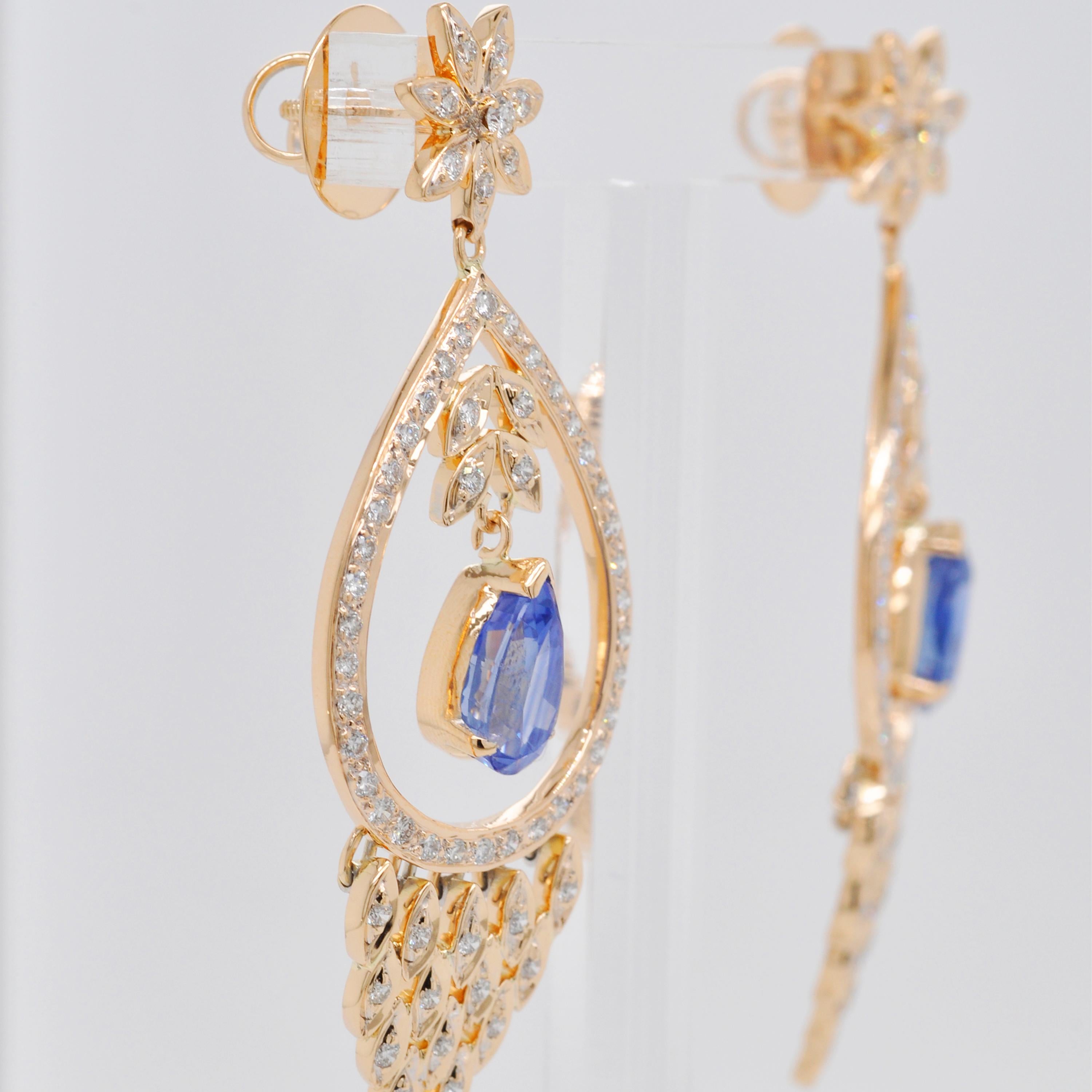Pear Cut 18 Karat Yellow Gold Diamond Pear Blue Sapphire Dangler Dangler Earrings For Sale