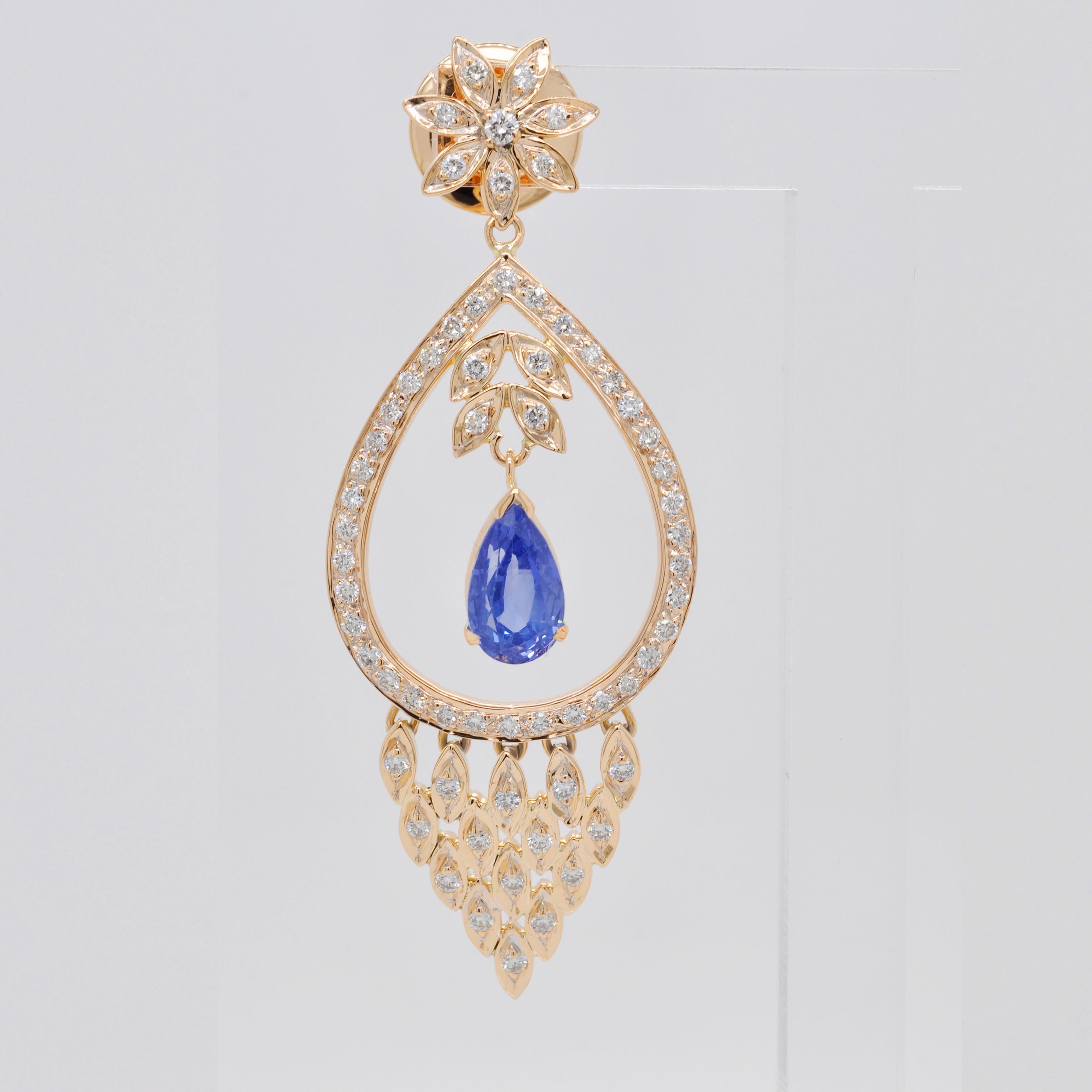 Women's 18 Karat Yellow Gold Diamond Pear Blue Sapphire Dangler Dangler Earrings For Sale