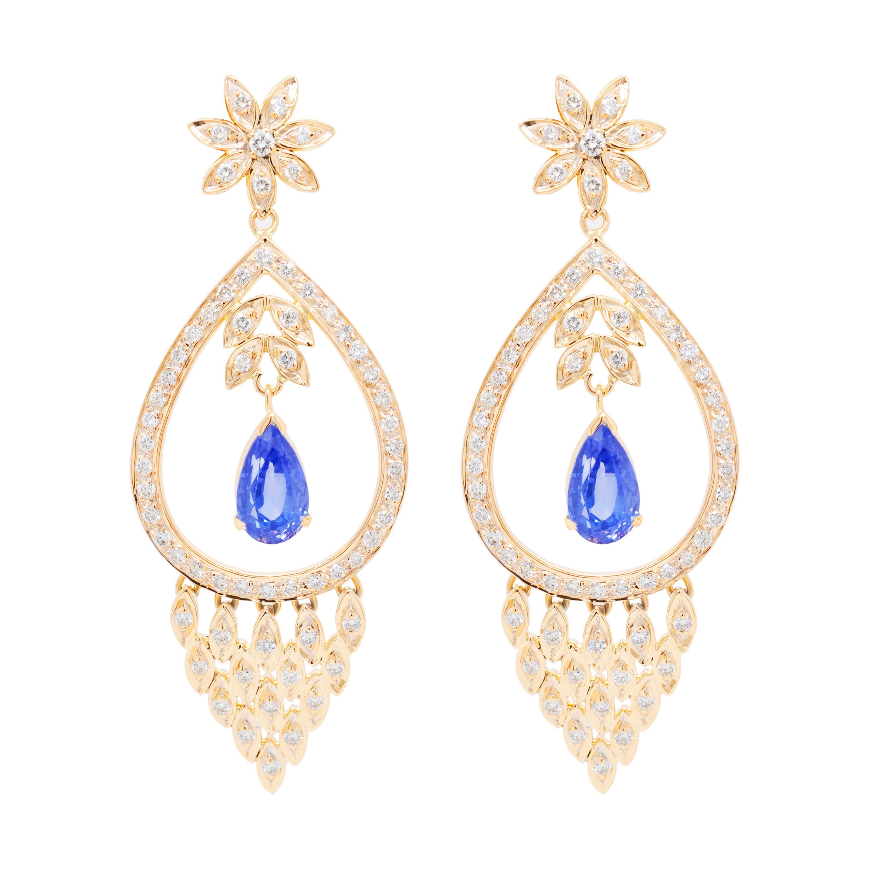 18 Karat Yellow Gold Diamond Pear Blue Sapphire Dangler Dangler Earrings
