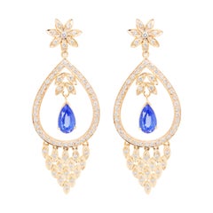 18 Karat Yellow Gold Diamond Pear Blue Sapphire Dangler Dangler Earrings