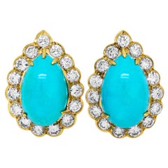 18 Karat Yellow Gold Diamond Pear Shape Persian Turquoise Stud Earrings