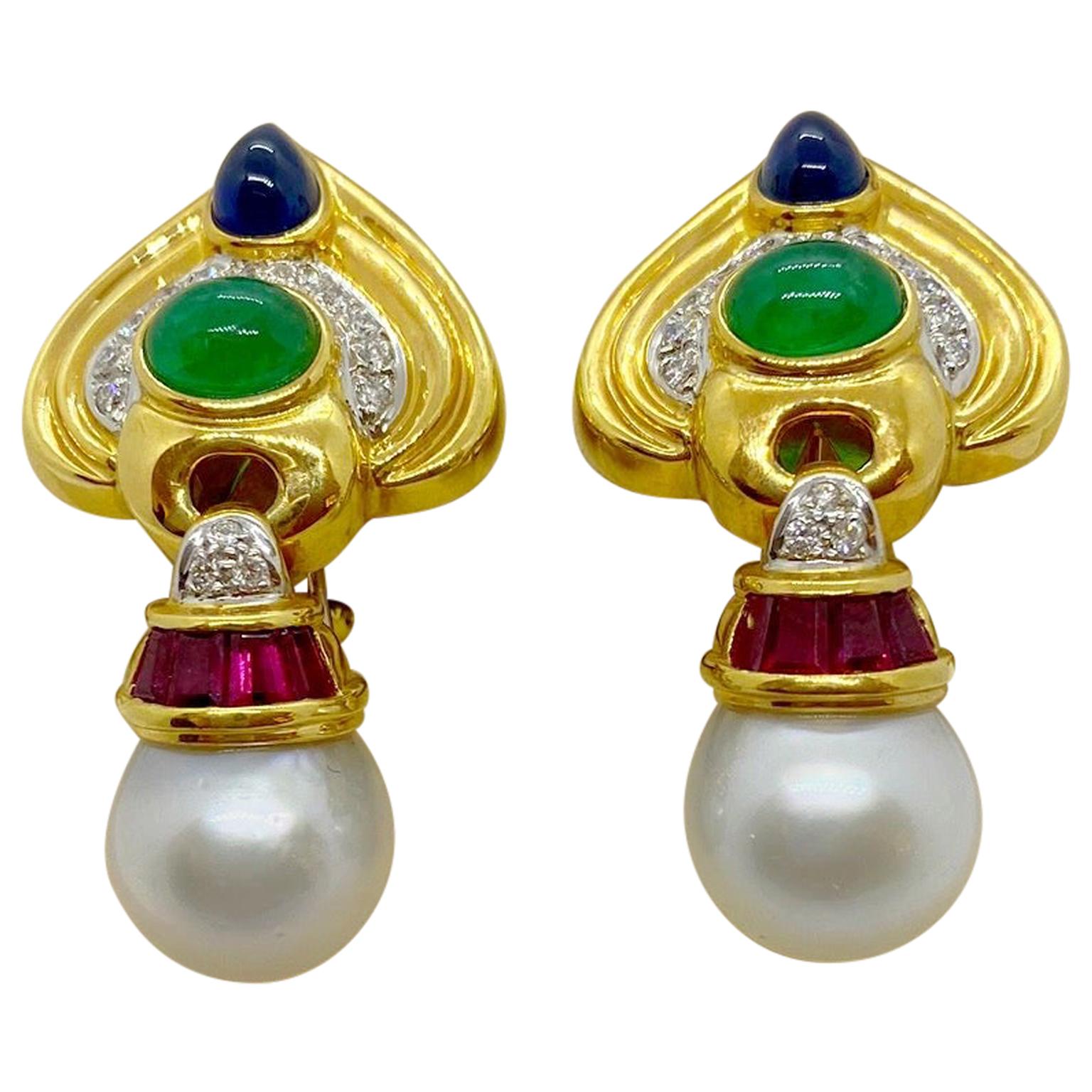 18 Karat Yellow Gold Diamond, Pearl and Gem Stones Drop Earrings