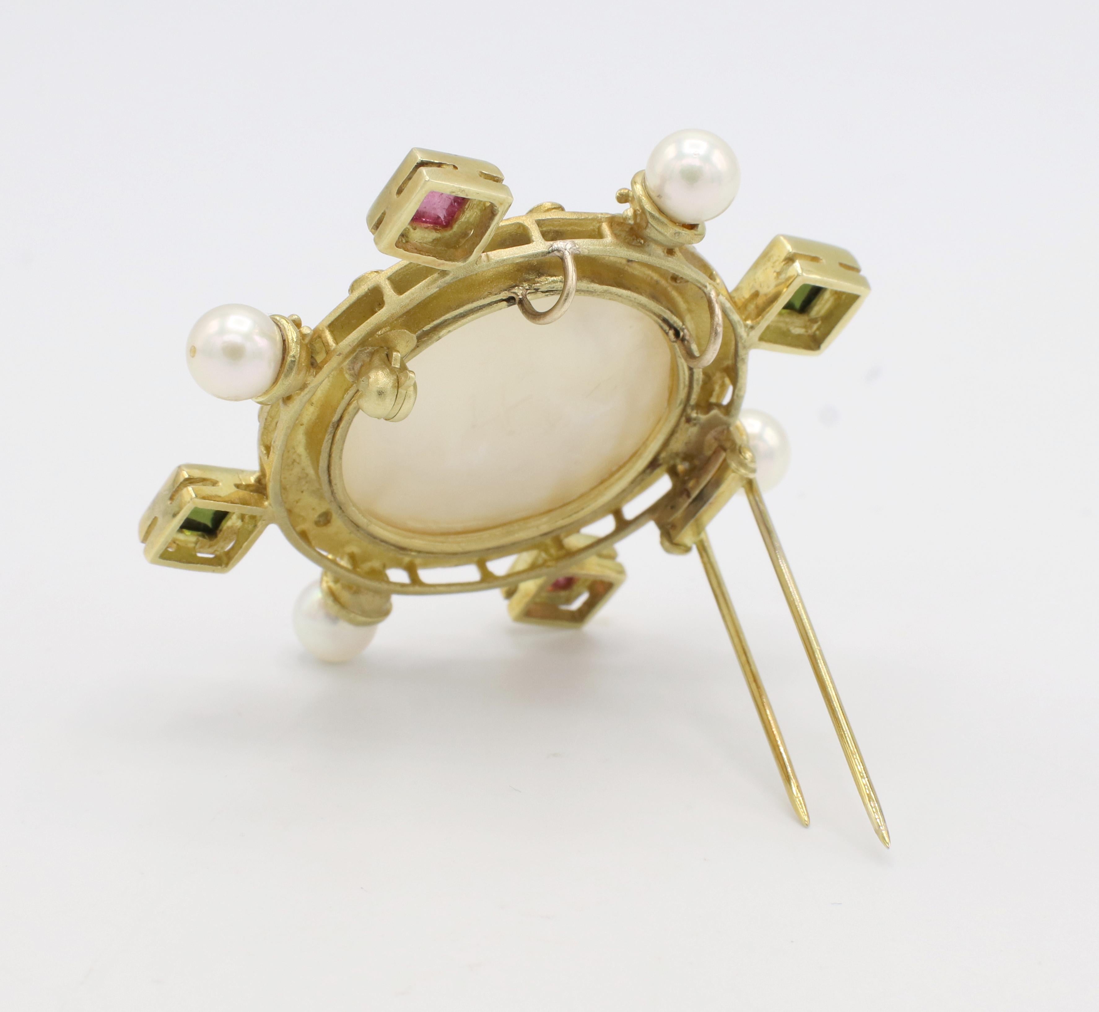 Modern 18 Karat Yellow Gold Diamond, Pearl & Tourmaline Intaglio Brooch Pin Pendant