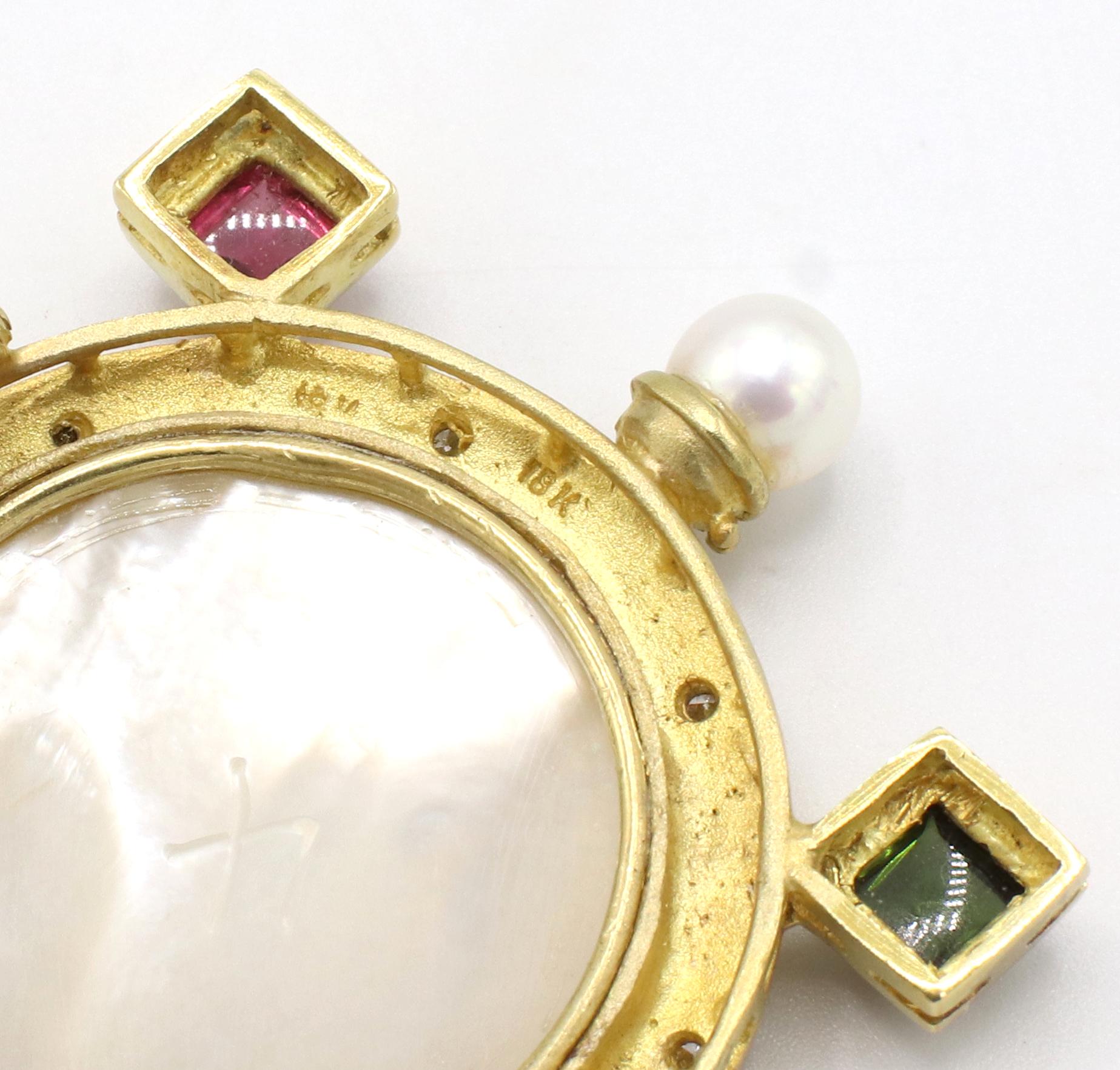 Round Cut 18 Karat Yellow Gold Diamond, Pearl & Tourmaline Intaglio Brooch Pin Pendant