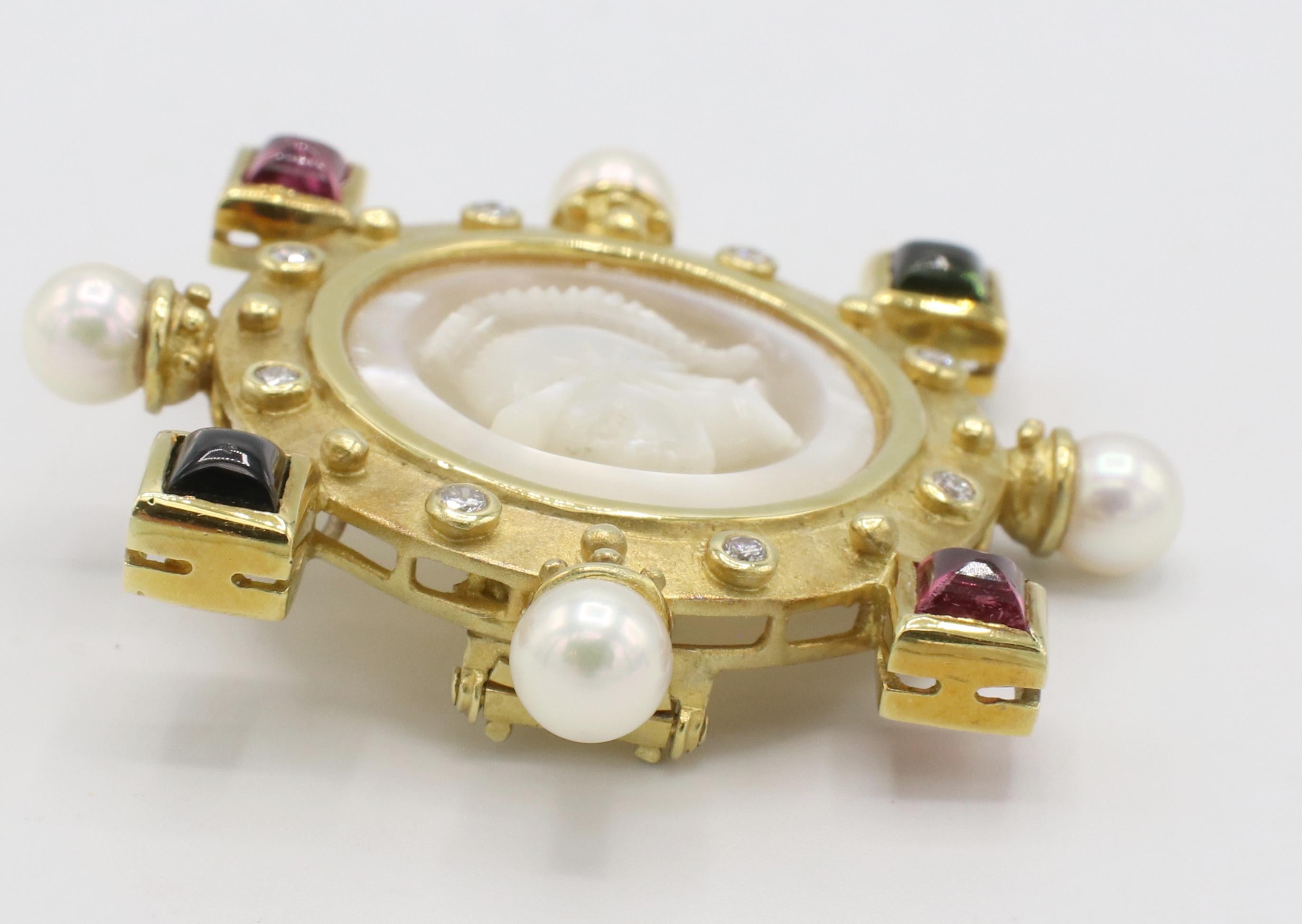18 Karat Yellow Gold Diamond, Pearl & Tourmaline Intaglio Brooch Pin Pendant In Excellent Condition In  Baltimore, MD
