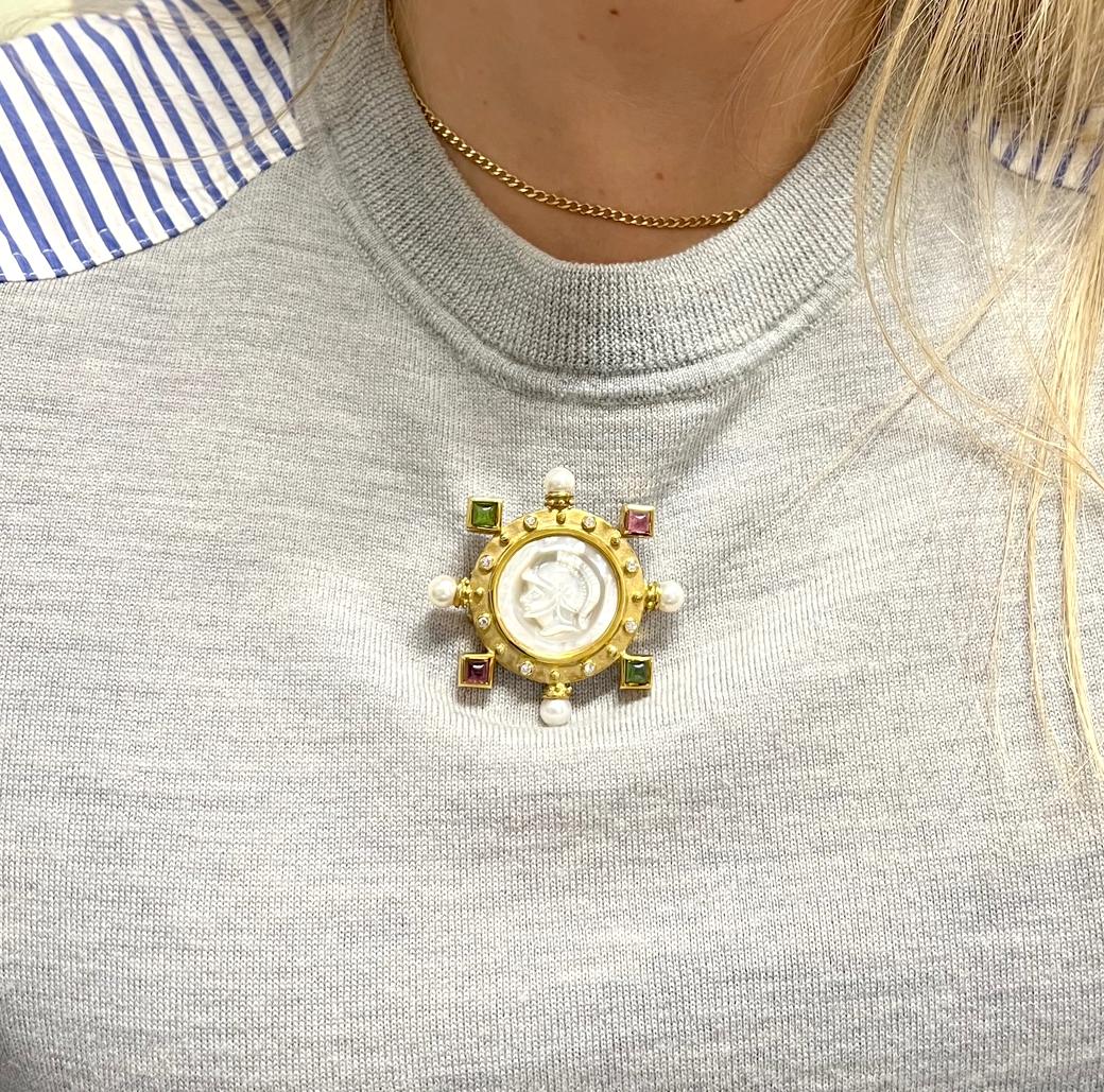 Women's 18 Karat Yellow Gold Diamond, Pearl & Tourmaline Intaglio Brooch Pin Pendant