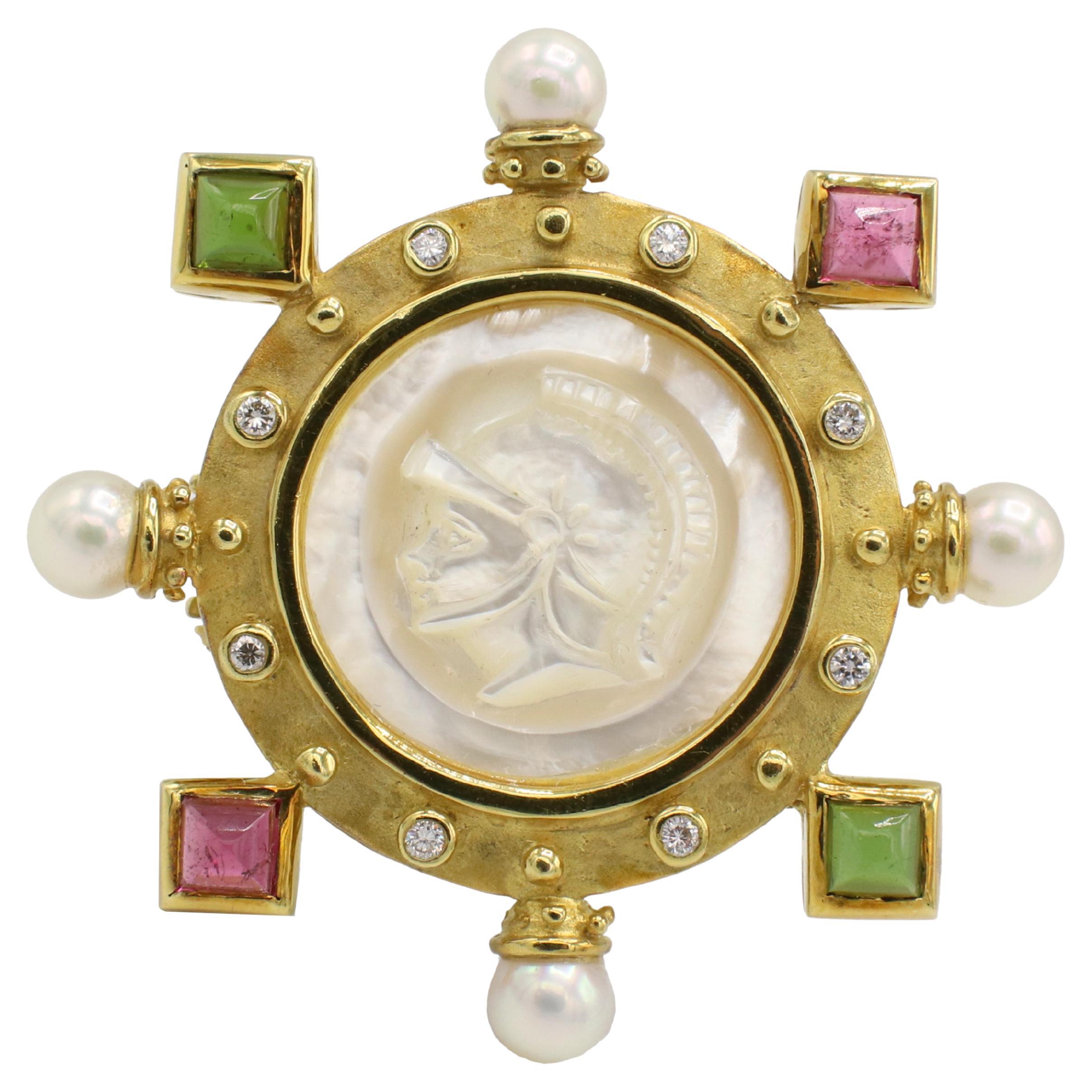 18 Karat Yellow Gold Diamond, Pearl and Tourmaline Intaglio Brooch Pin  Pendant For Sale at 1stDibs