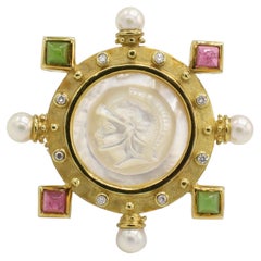 18 Karat Yellow Gold Diamond, Pearl & Tourmaline Intaglio Brooch Pin Pendant