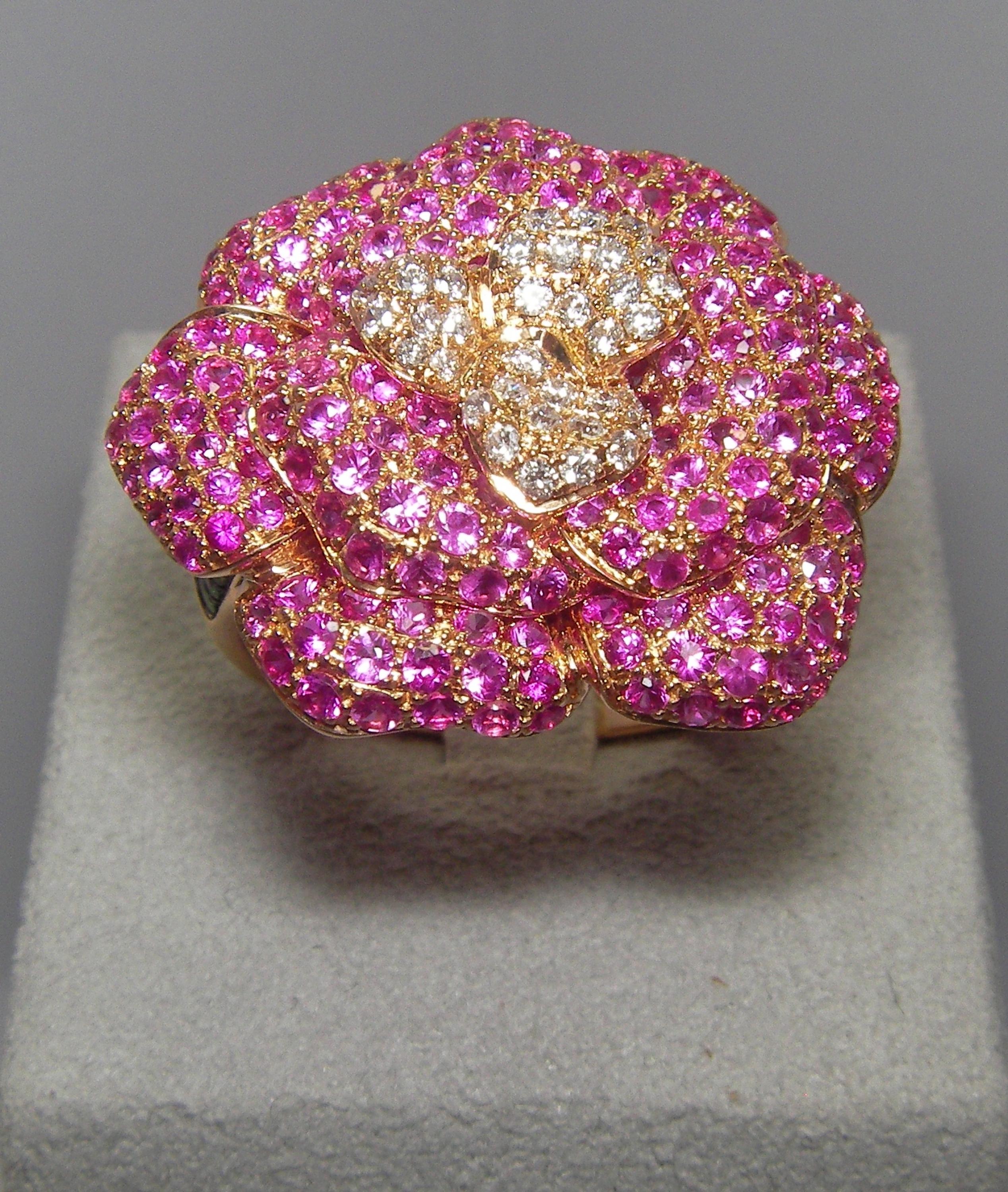 Brilliant Cut 18 Karat Yellow Gold Diamond, Pink Sapphire and Tsavorite Flower Ring