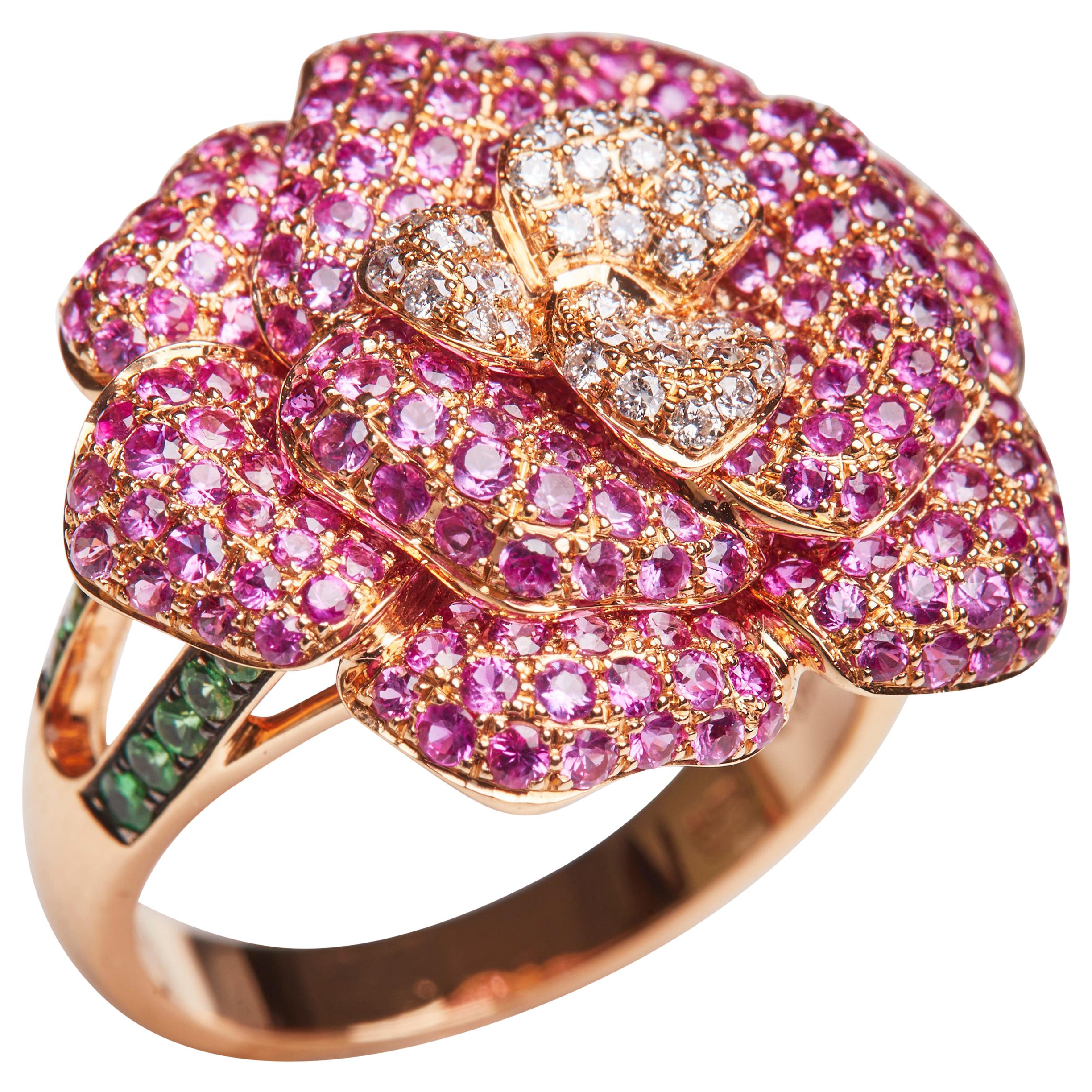 18 Karat Yellow Gold Diamond, Pink Sapphire and Tsavorite Flower Ring