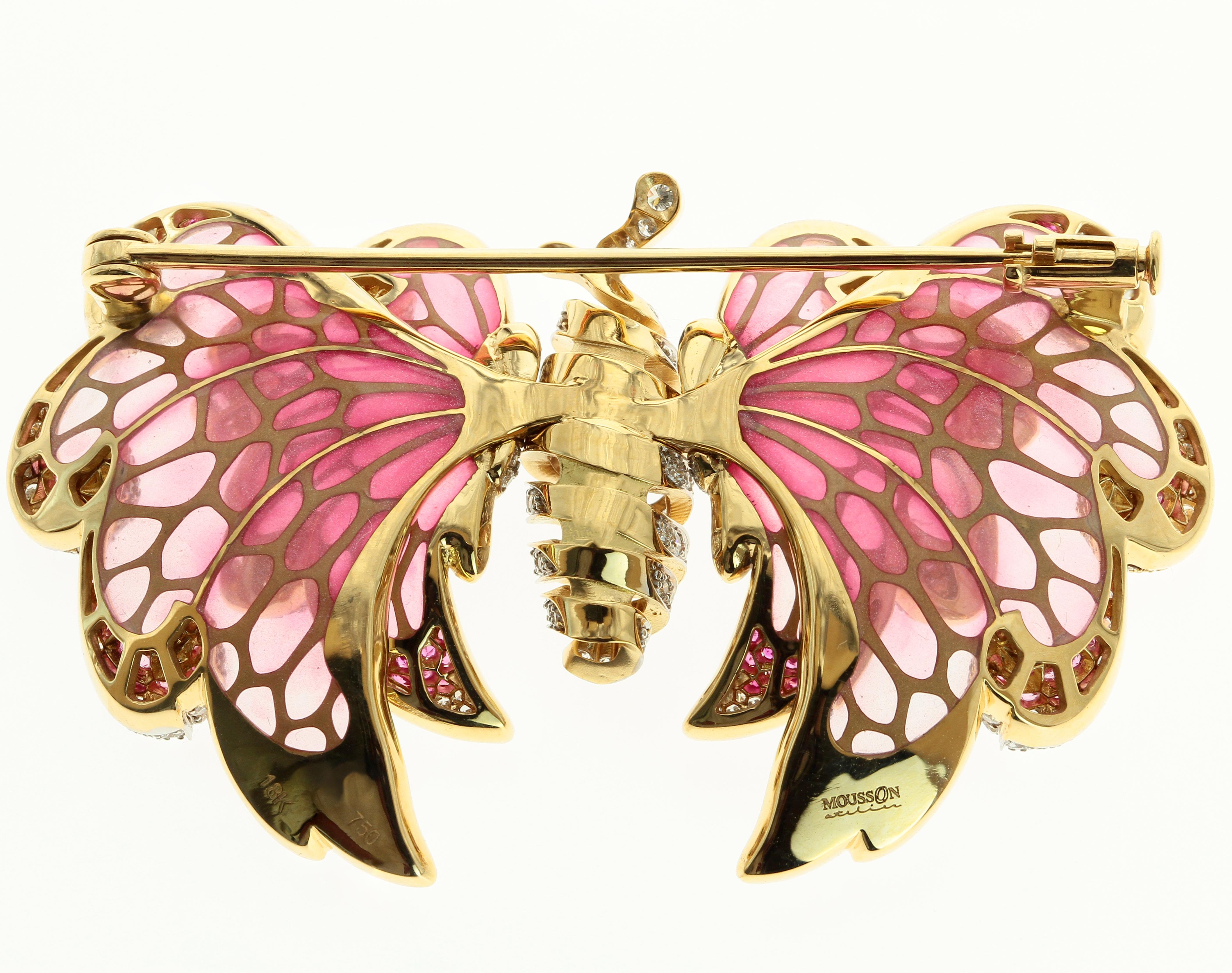 Diamond Pink Sapphire Enamel 18 Karat Yellow Gold  Butterfly Brooch
18 Karat Gold Butterfly Brooch, Diamonds and Vitrage Enamel are combined in this   Pink Sapphire Enamel 

56mm x 34mm x 10mm
21.01 gms

