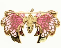 Diamond Pink Sapphire Enamel 18 Karat Yellow Gold  Butterfly Brooch