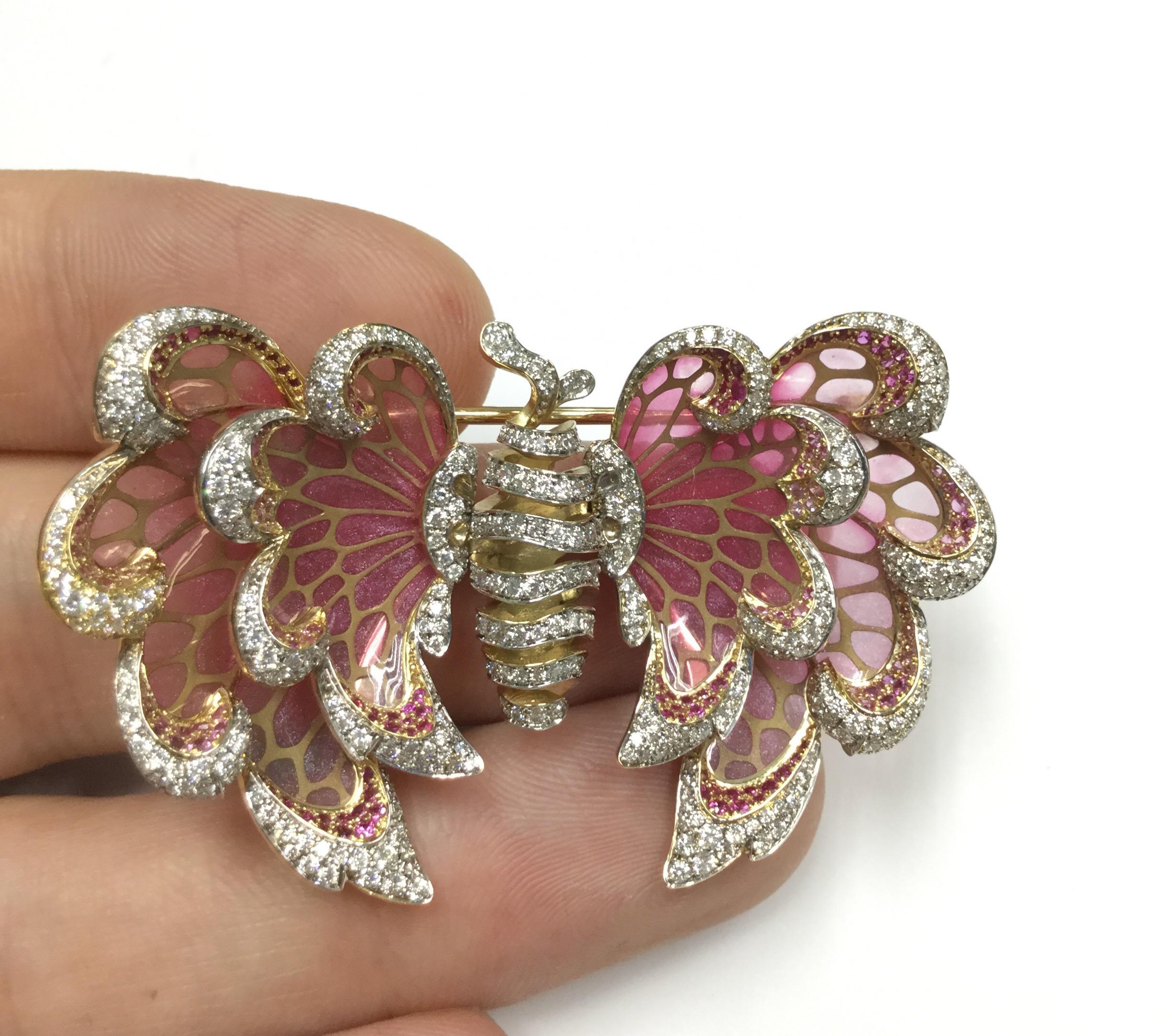 Contemporary Diamond Pink Sapphire Enamel 18 Karat Yellow Gold  Butterfly Brooch