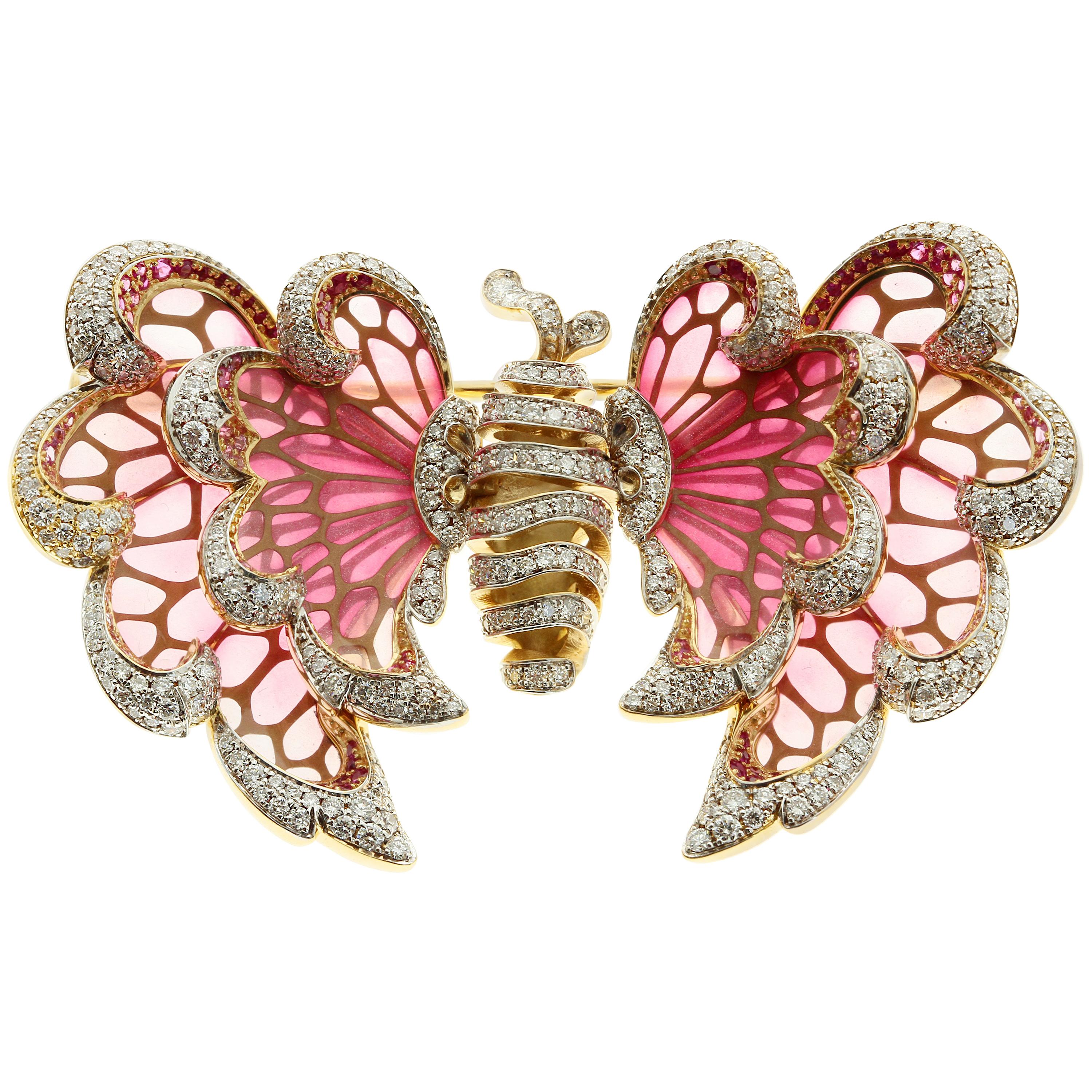 Diamond Pink Sapphire Enamel 18 Karat Yellow Gold  Butterfly Brooch