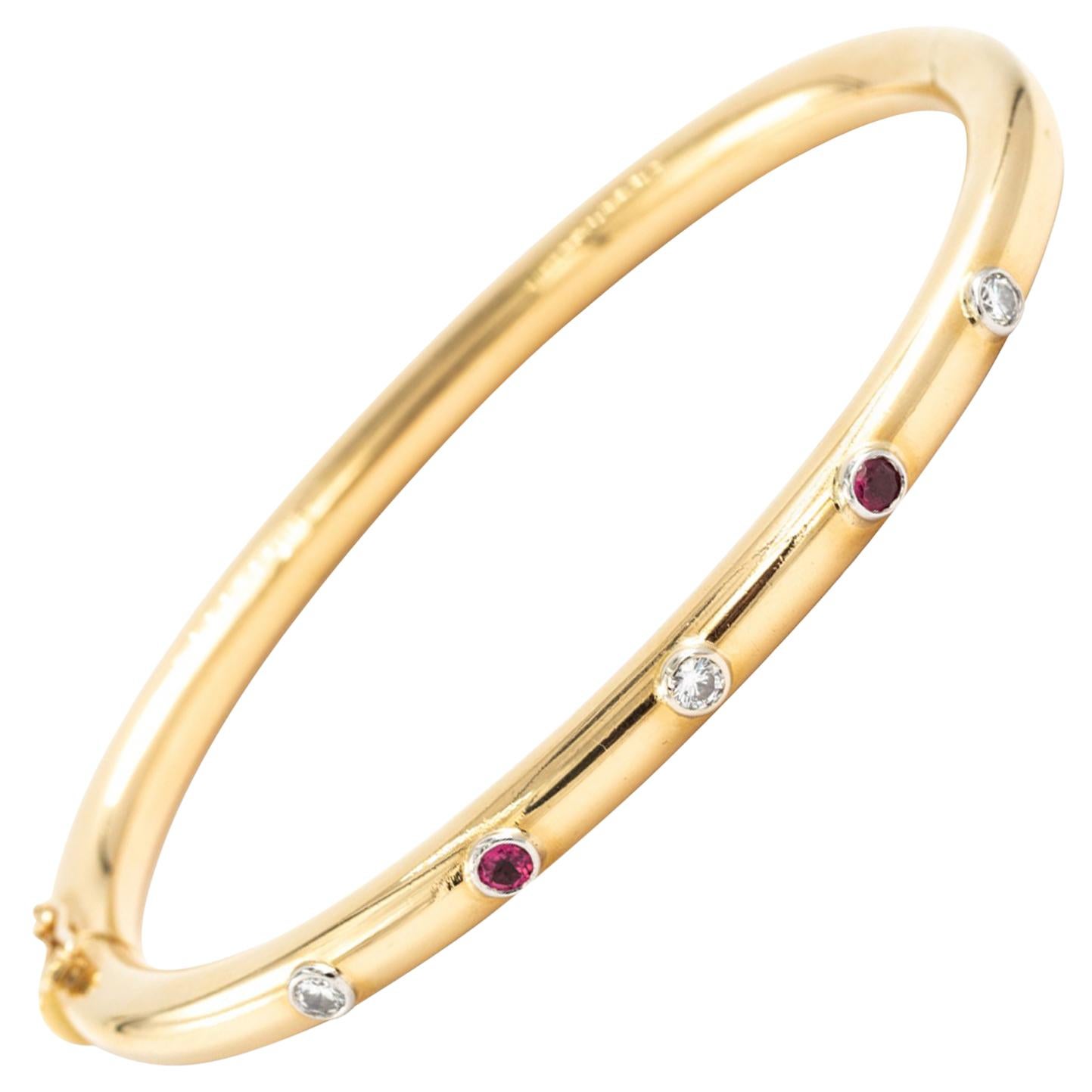 18 Karat Yellow Gold Diamond Pink Sapphire Oval Bangle Bracelet 0.5 ...