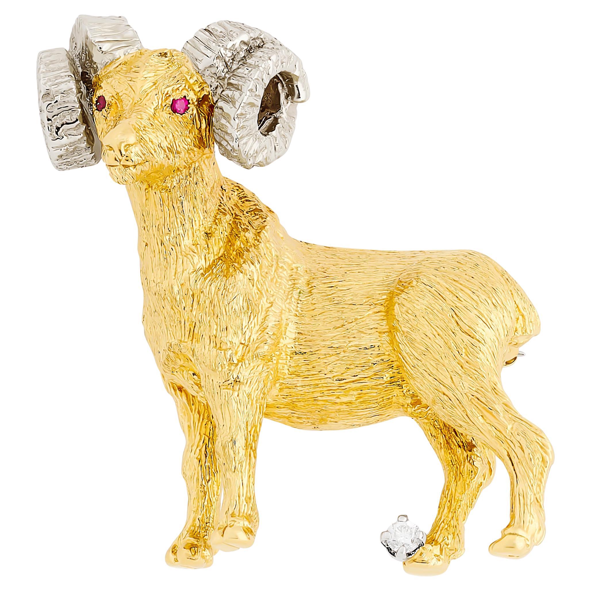 18 Karat Yellow Gold Diamond Ram Pin