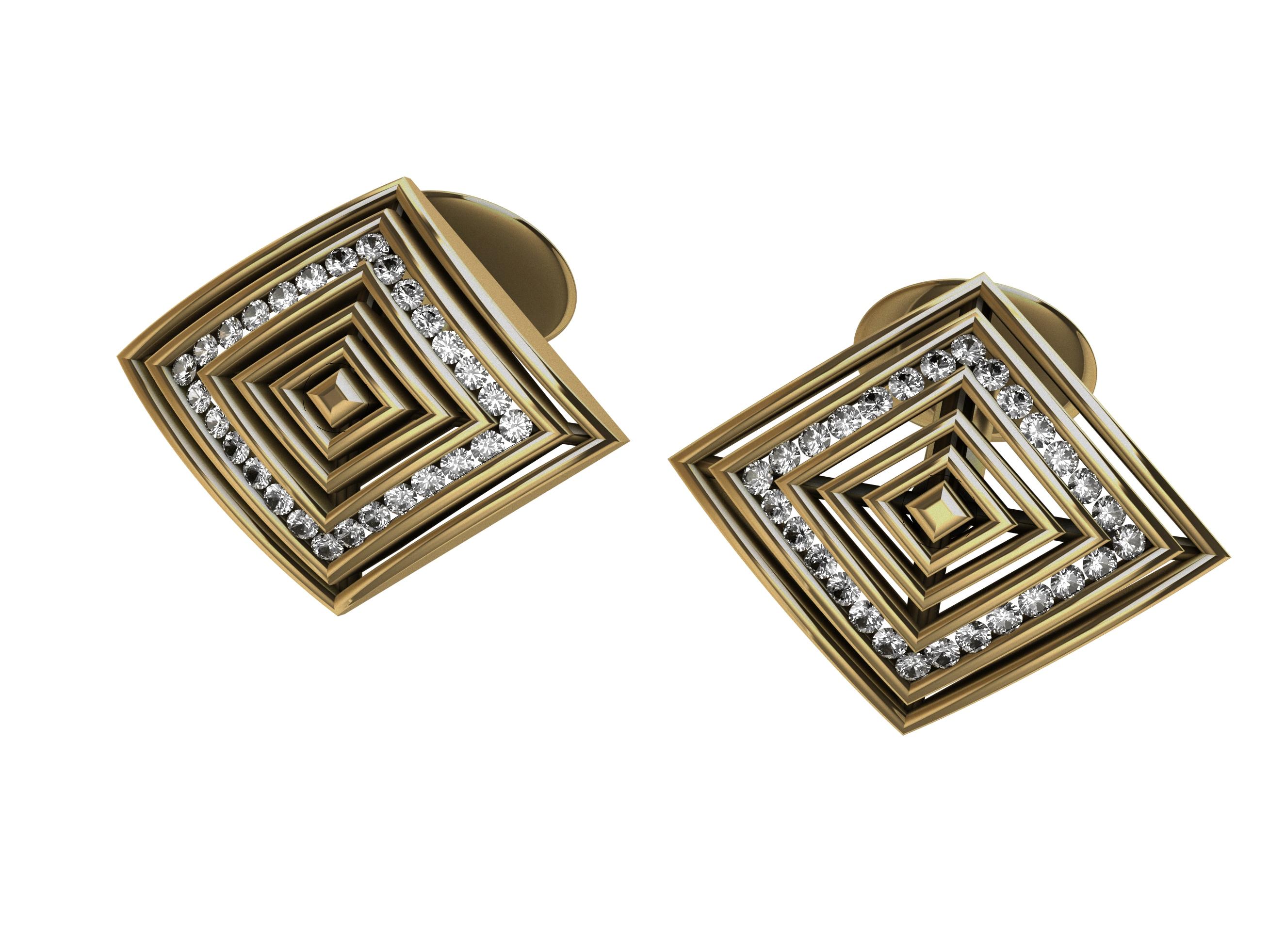 18 Karat Yellow Gold Diamonds Rhombus Cufflinks 
 From the Air Cooled Series. I designed rings from this shape. Now cuff links. Inspired by light, and air movement . Simple domed rhombus shape with repeating rows to create a playfulness with the